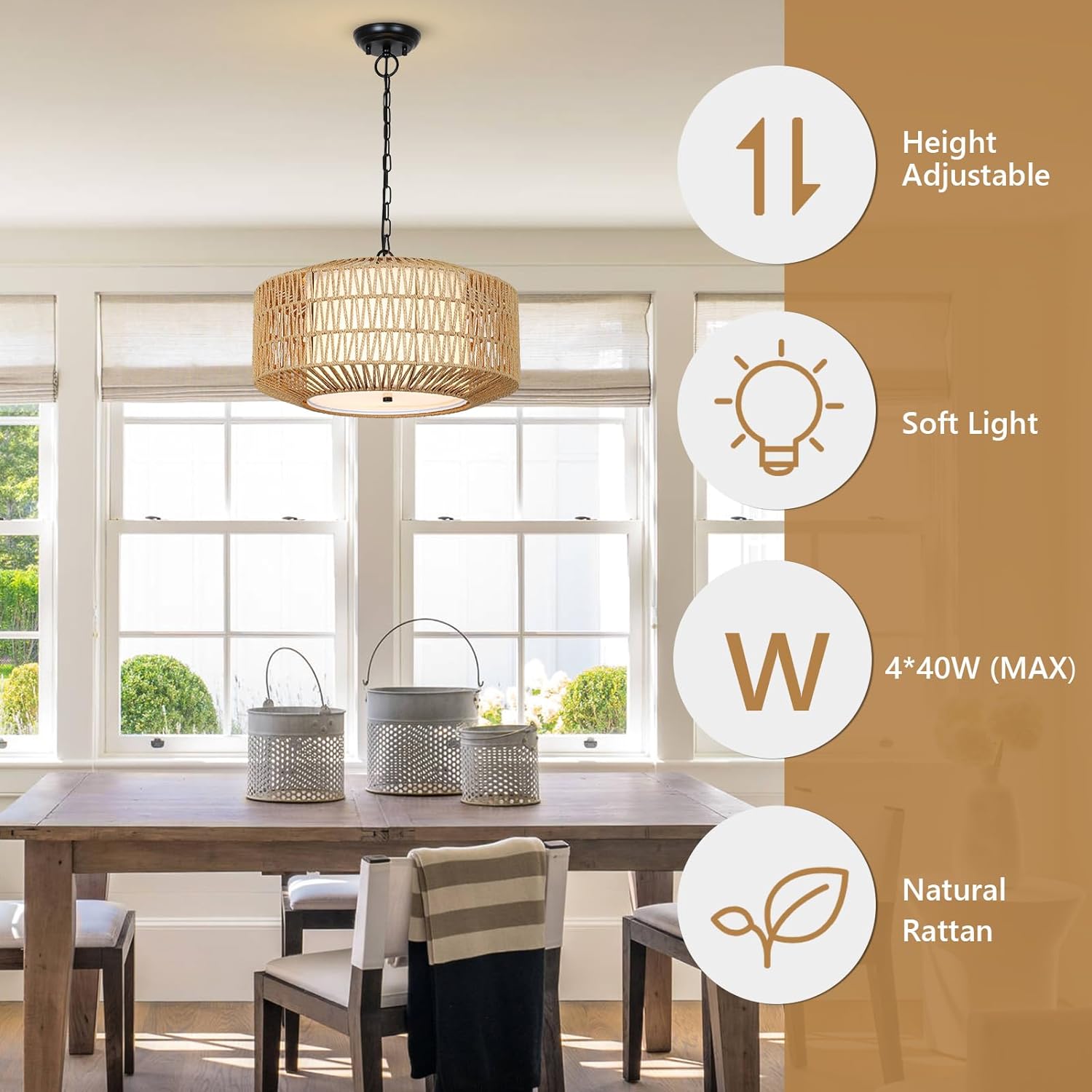 Farmhouse Chandelier Light Fixture,4-Light Rattan Boho Chandeliers for Dining Room with Fabric Shade,Hand Woven Large Rattan Dining Room Light Fixture for Kitchen Bedroom Island Hallway - Image 4