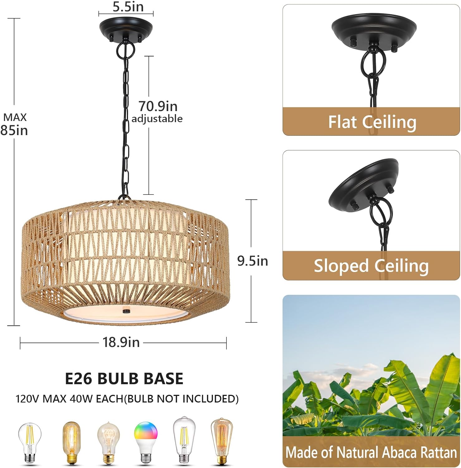 Farmhouse Chandelier Light Fixture,4-Light Rattan Boho Chandeliers for Dining Room with Fabric Shade,Hand Woven Large Rattan Dining Room Light Fixture for Kitchen Bedroom Island Hallway - Image 6