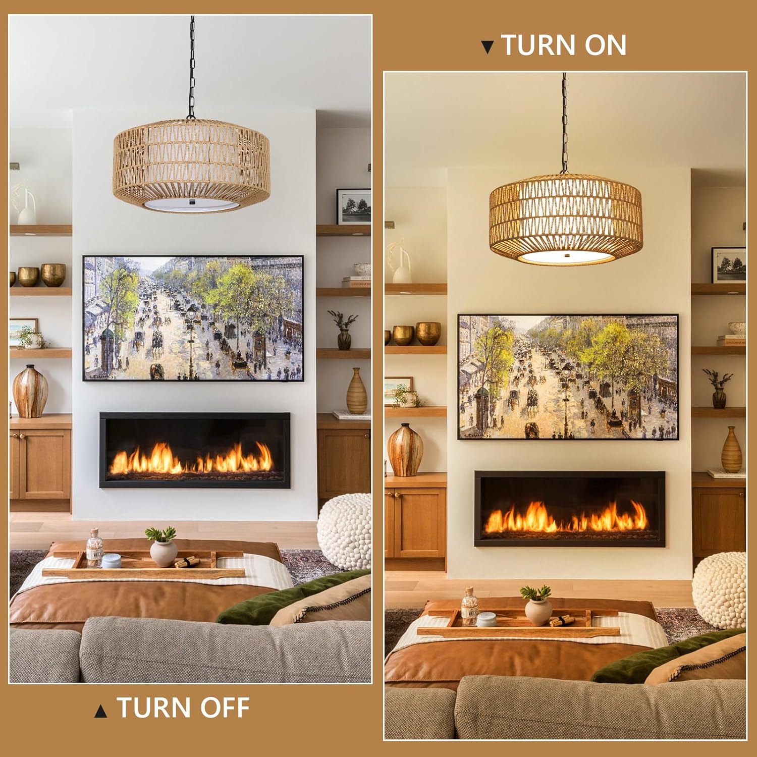 Farmhouse Chandelier Light Fixture,4-Light Rattan Boho Chandeliers for Dining Room with Fabric Shade,Hand Woven Large Rattan Dining Room Light Fixture for Kitchen Bedroom Island Hallway - Image 5