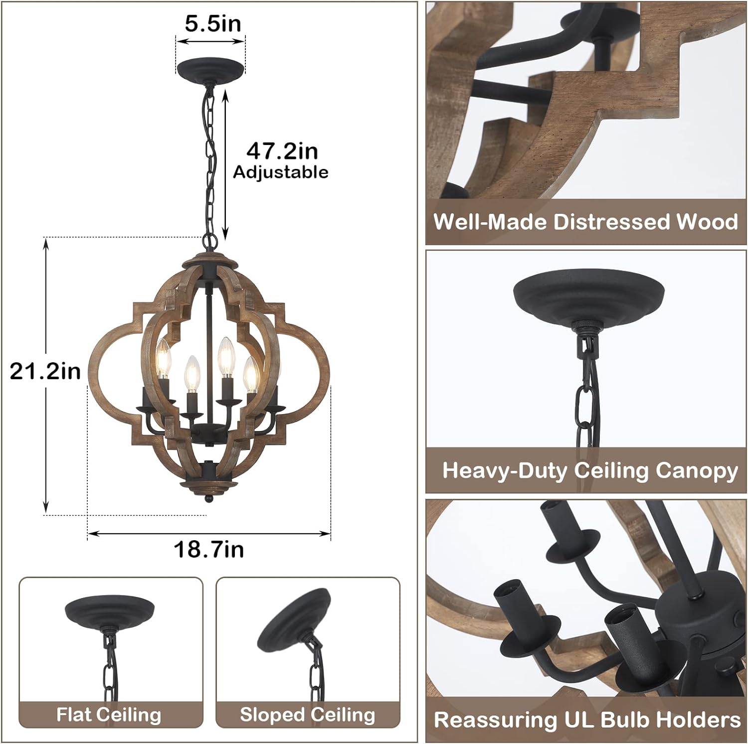 Farmhouse Chandeliers for Dining Room, 6-Light Rustic Dining Room Light Fixture Over Table, Wood Black Hanging Pendant Lights Kitchen Island, Boho Chandelier for Bedrooms Entryway Living Room - Image 2
