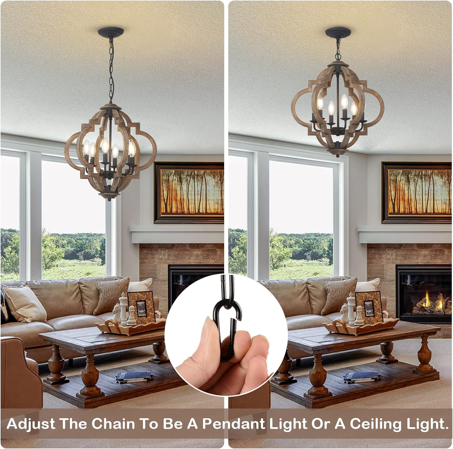 Farmhouse Chandeliers for Dining Room, 6-Light Rustic Dining Room Light Fixture Over Table, Wood Black Hanging Pendant Lights Kitchen Island, Boho Chandelier for Bedrooms Entryway Living Room - Image 5