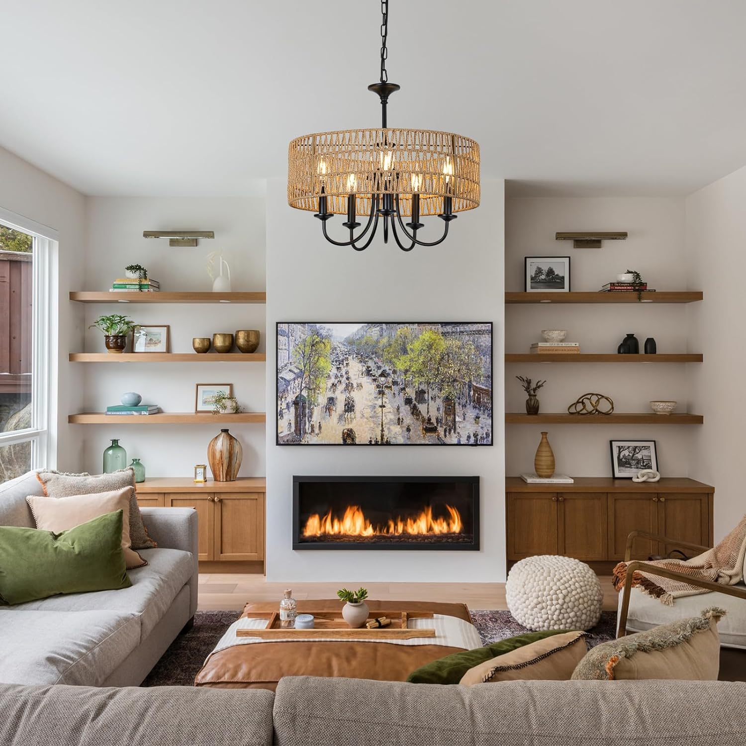 Modern Farmhouse Chandelier Light Fixtures, 5-Lights Large Rattan Pendant Lighting with Hand Woven Wicker Shade, Boho Black Chandeliers for Dining Room Living Room Kitchen Island Bedroom - Image 3