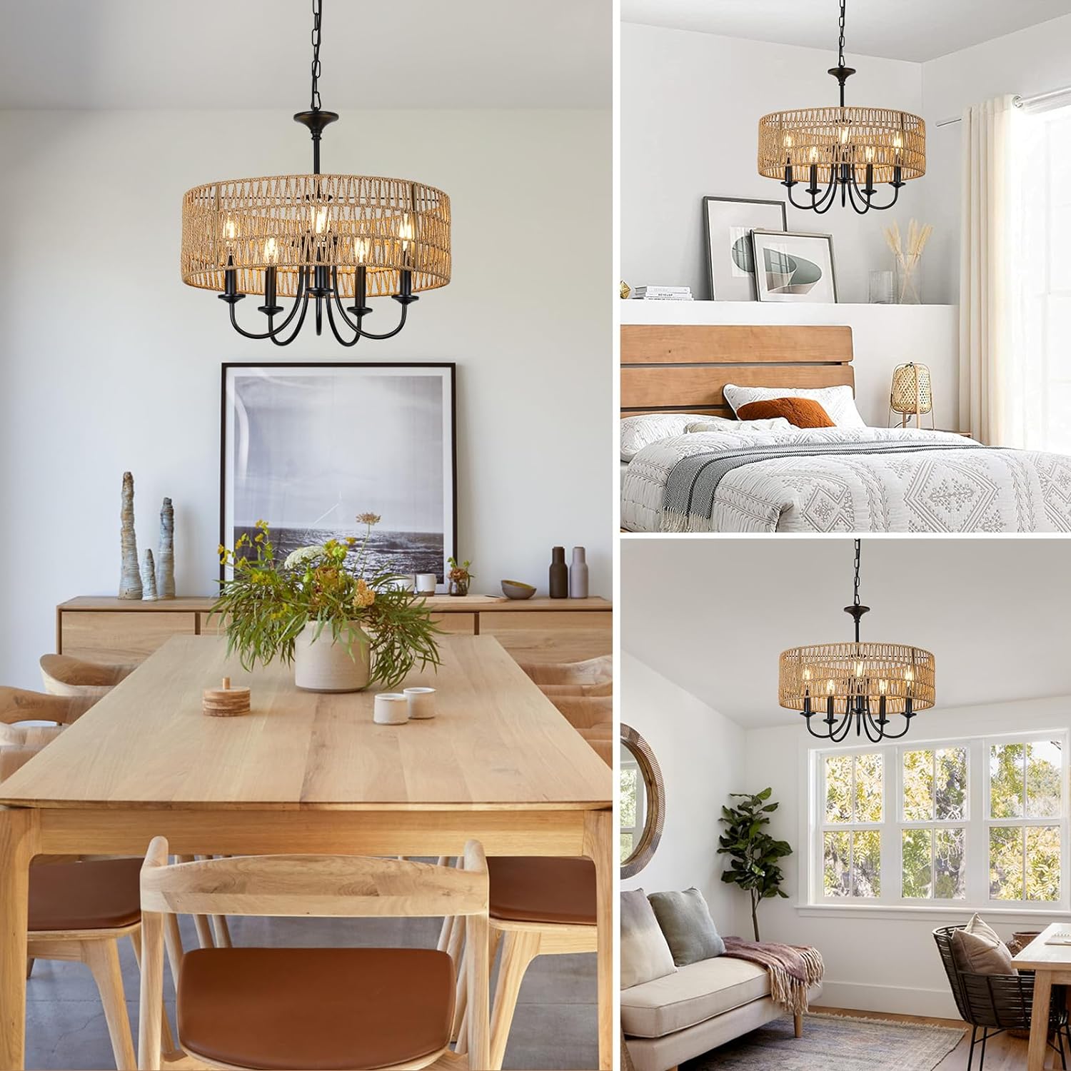 Modern Farmhouse Chandelier Light Fixtures, 5-Lights Large Rattan Pendant Lighting with Hand Woven Wicker Shade, Boho Black Chandeliers for Dining Room Living Room Kitchen Island Bedroom - Image 2
