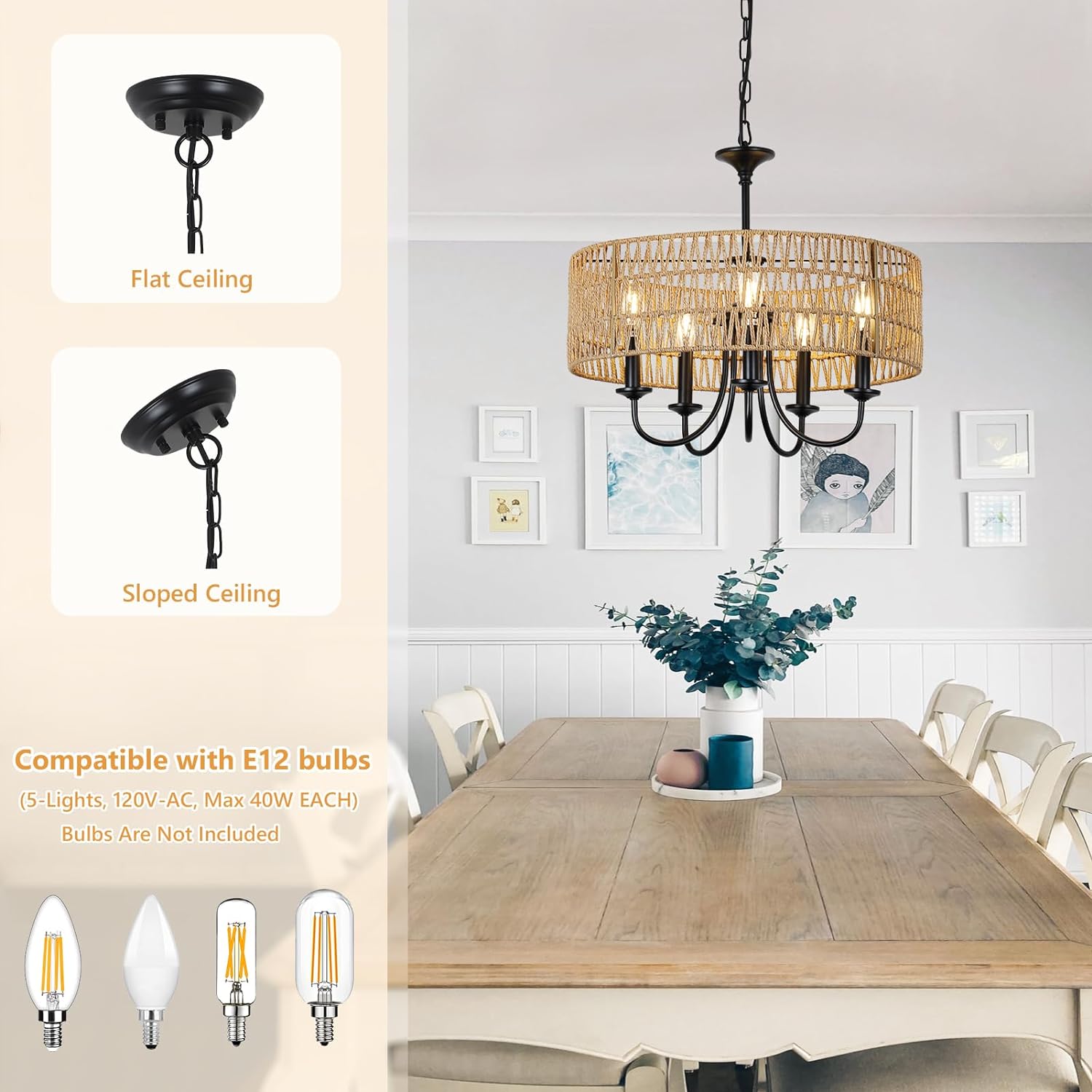 Modern Farmhouse Chandelier Light Fixtures, 5-Lights Large Rattan Pendant Lighting with Hand Woven Wicker Shade, Boho Black Chandeliers for Dining Room Living Room Kitchen Island Bedroom - Image 5