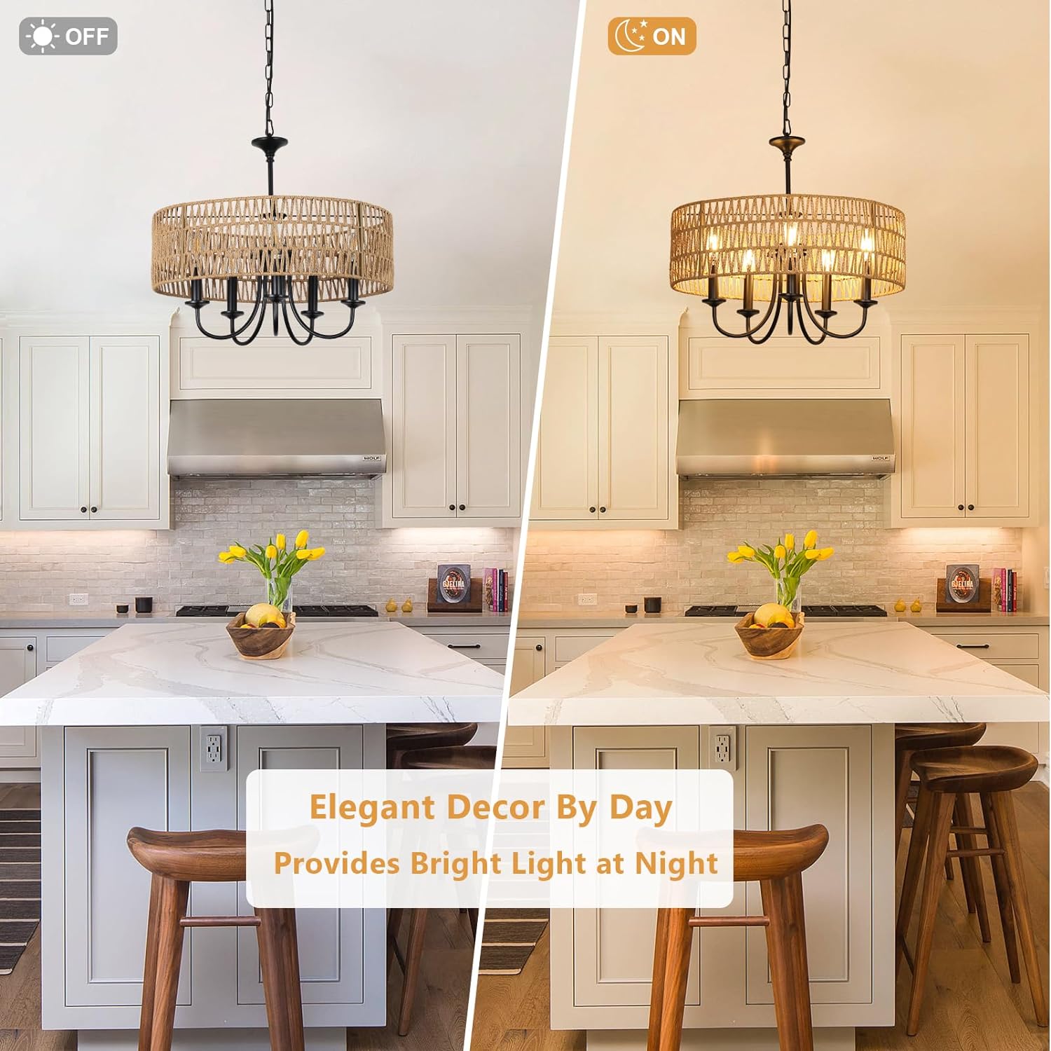 Modern Farmhouse Chandelier Light Fixtures, 5-Lights Large Rattan Pendant Lighting with Hand Woven Wicker Shade, Boho Black Chandeliers for Dining Room Living Room Kitchen Island Bedroom - Image 6
