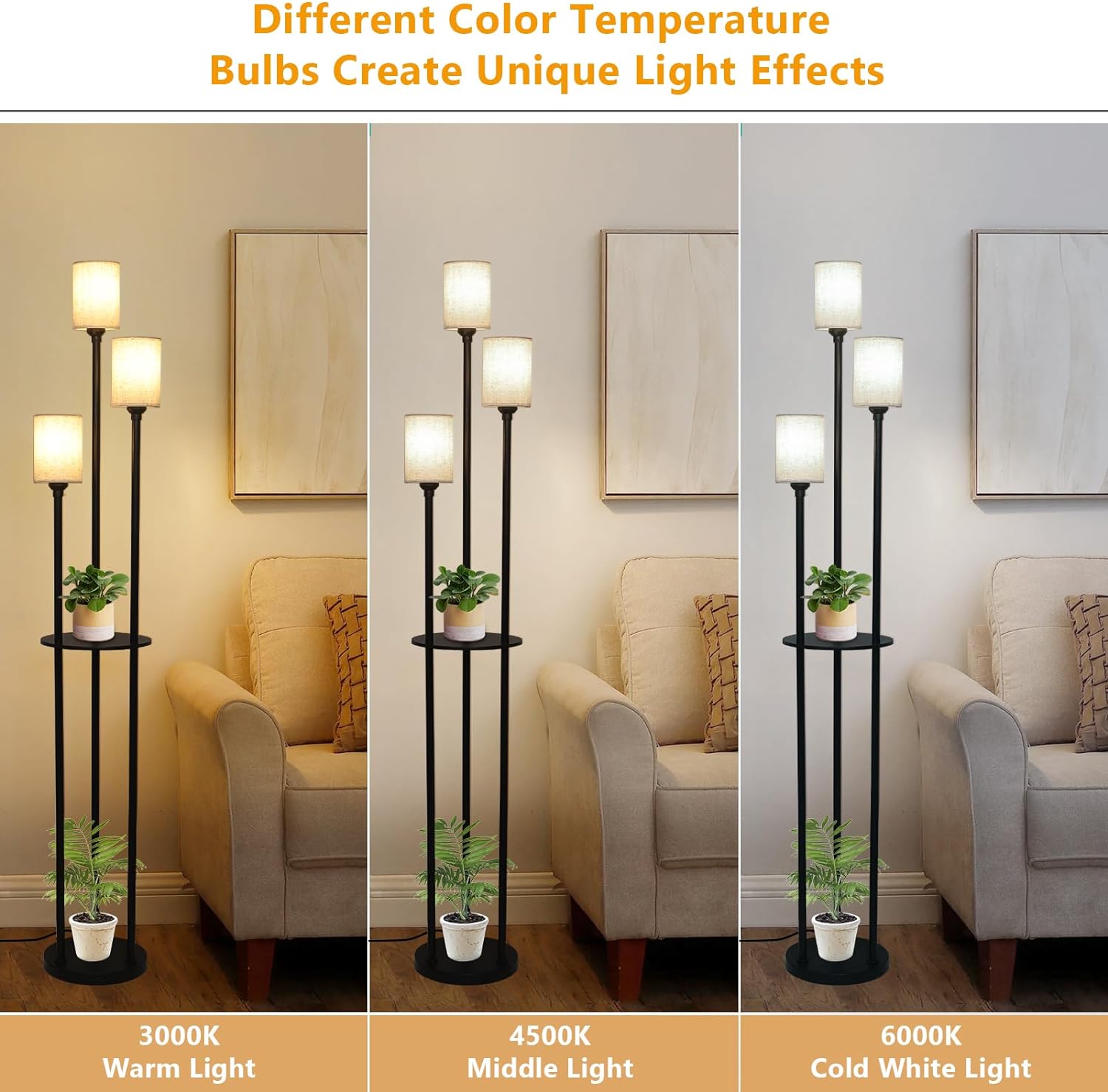 Floor Lamp with Shelves, Modern Floor Lamps for Living Room, 3-Lights Standing Lamp with Linen Shade and Foot Switch, Industrial Standing Lamps for Bedroom, Black Tall Table Lamp for Office - Image 2