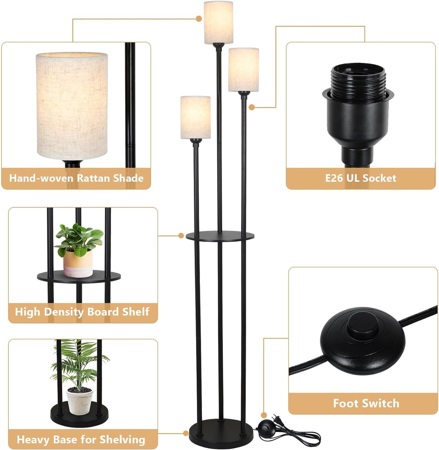 Floor Lamp with Shelves, Modern Floor Lamps for Living Room, 3-Lights Standing Lamp with Linen Shade and Foot Switch, Industrial Standing Lamps for Bedroom, Black Tall Table Lamp for Office - Image 3