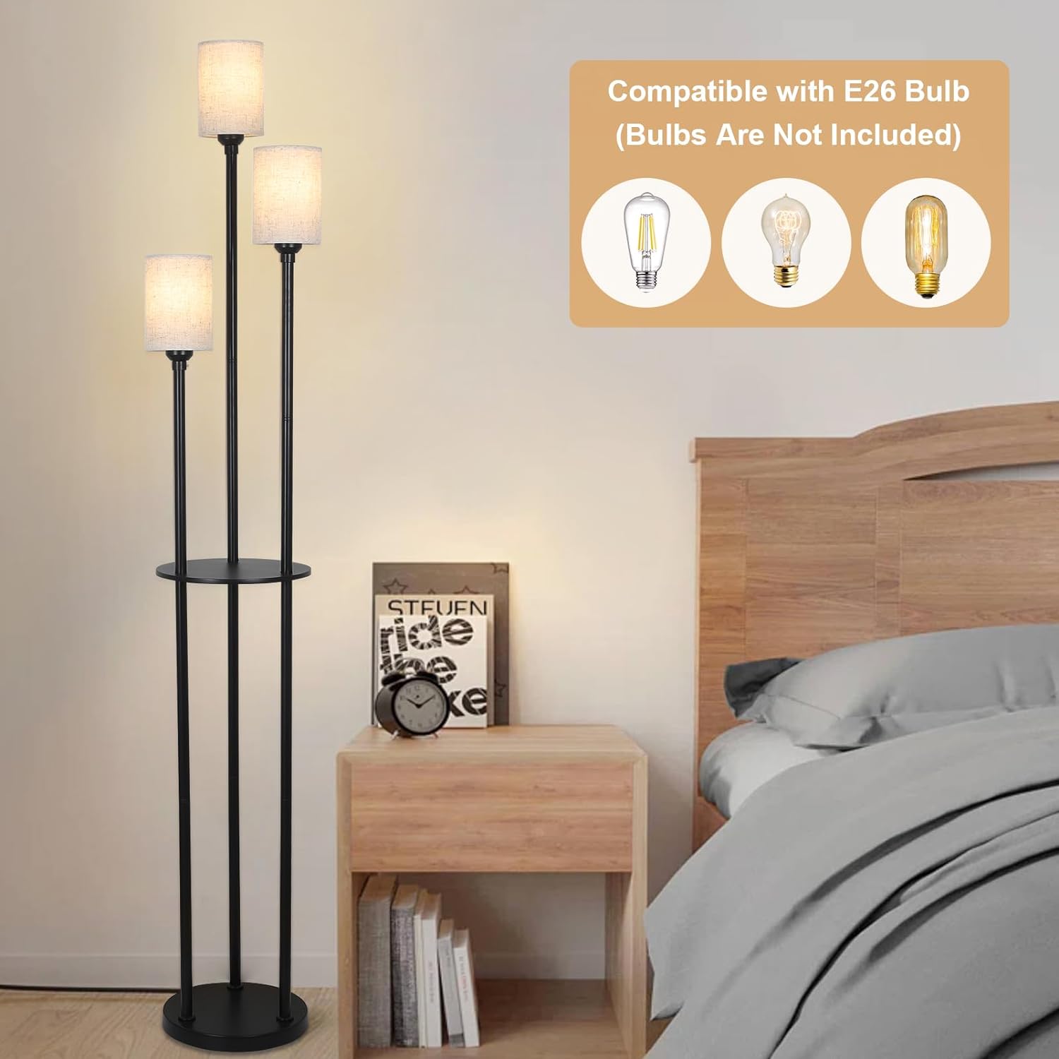 Floor Lamp with Shelves, Modern Floor Lamps for Living Room, 3-Lights Standing Lamp with Linen Shade and Foot Switch, Industrial Standing Lamps for Bedroom, Black Tall Table Lamp for Office - Image 5