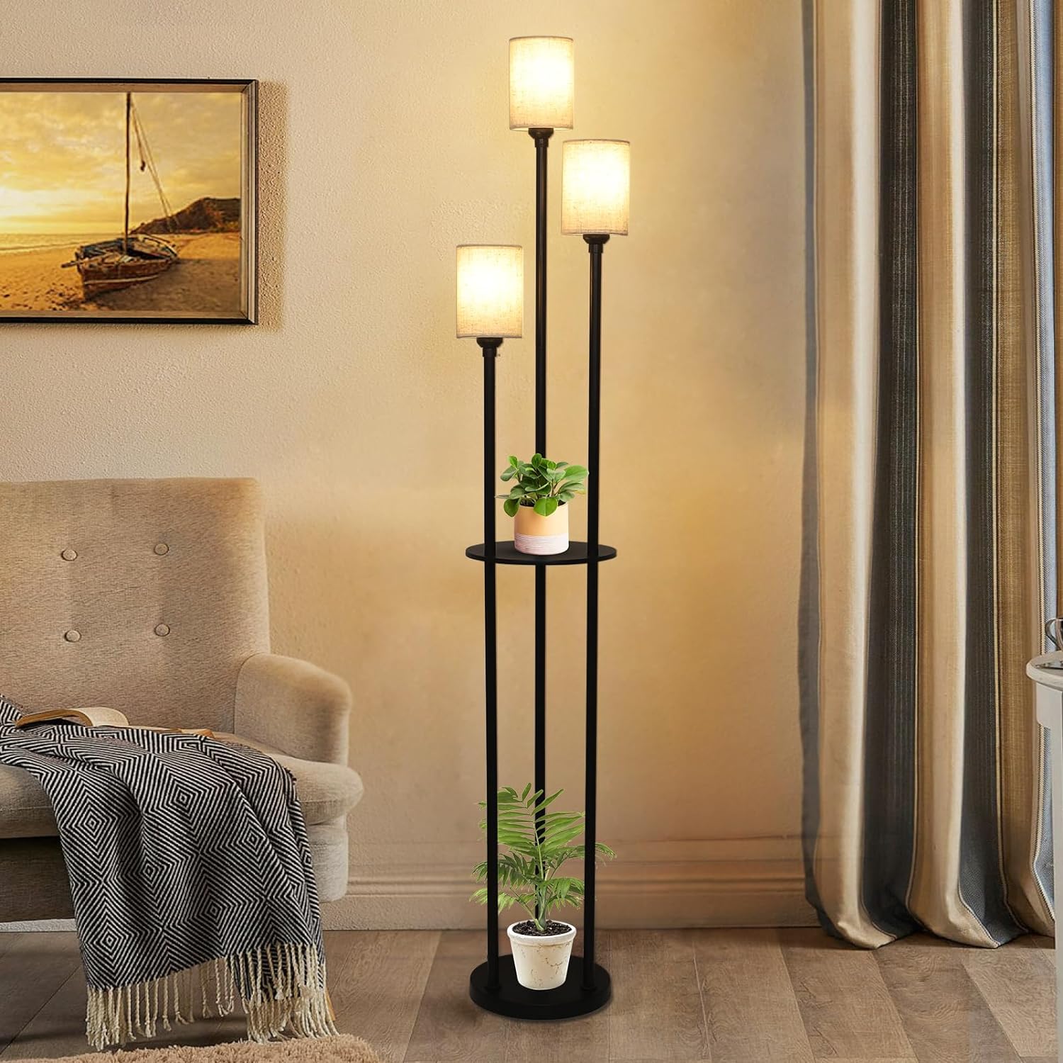 Floor Lamp with Shelves, Modern Floor Lamps for Living Room, 3-Lights Standing Lamp with Linen Shade and Foot Switch, Industrial Standing Lamps for Bedroom, Black Tall Table Lamp for Office - Image 4
