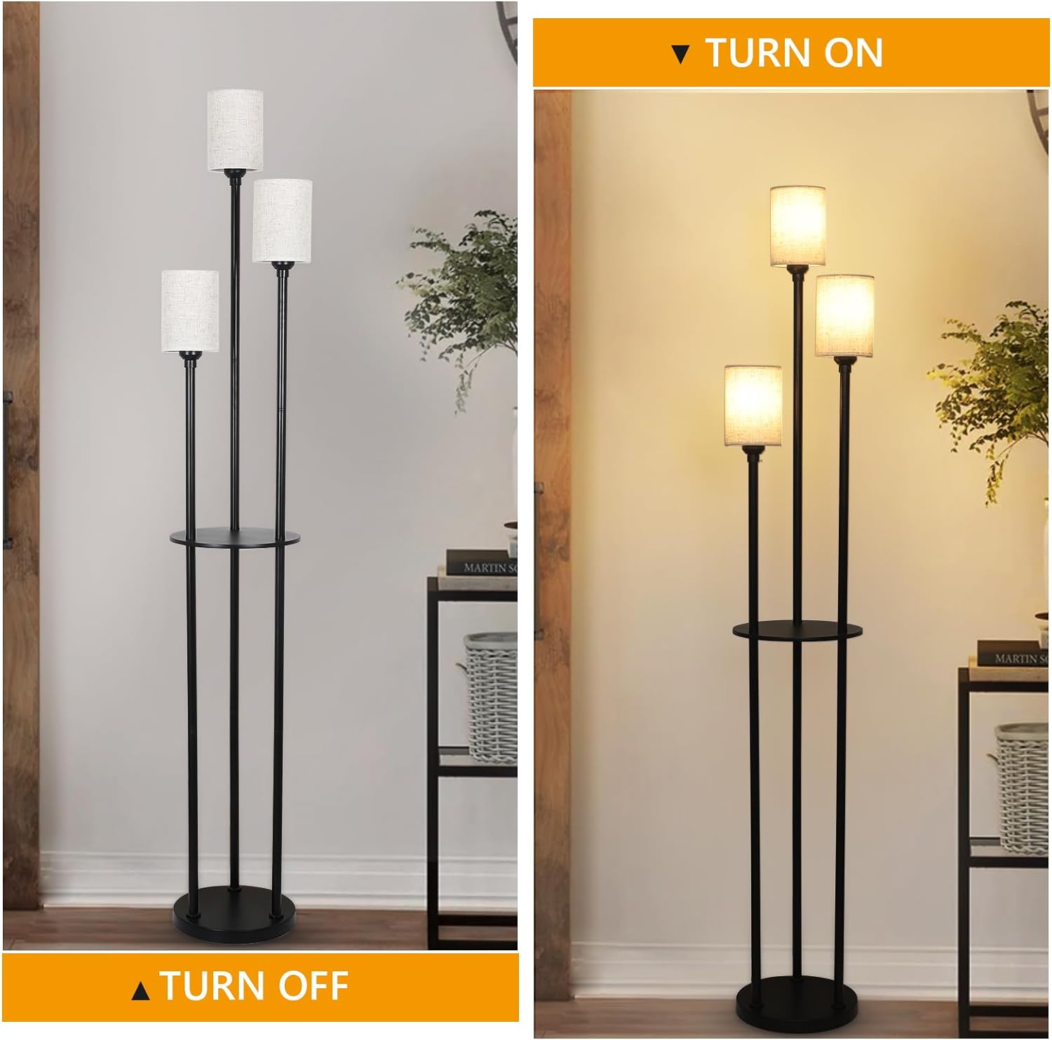 Floor Lamp with Shelves, Modern Floor Lamps for Living Room, 3-Lights Standing Lamp with Linen Shade and Foot Switch, Industrial Standing Lamps for Bedroom, Black Tall Table Lamp for Office - Image 6