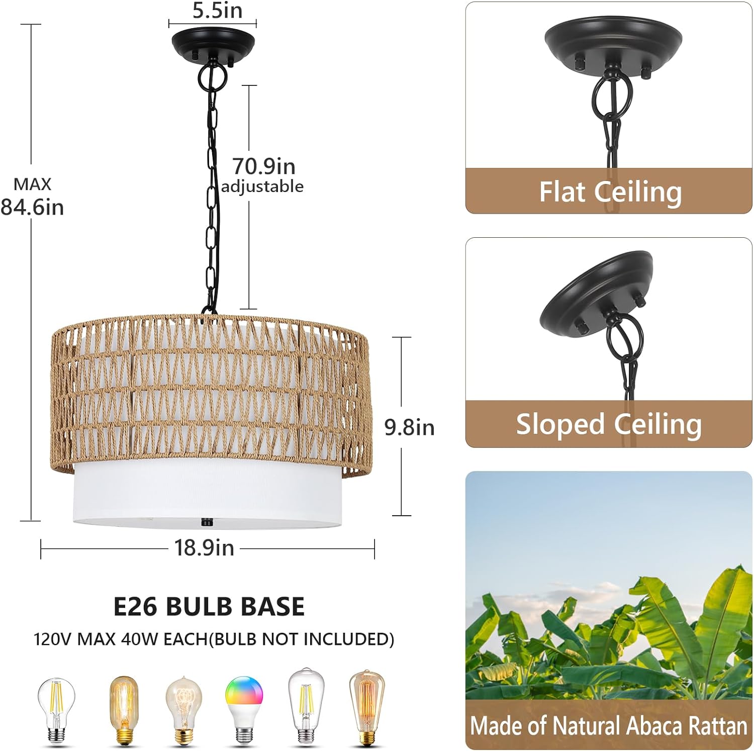 Farmhouse Chandeliers for Dining Room,5-Light Rattan Boho Chandelier Light Fixture with Fabric Shade,Hand Woven Large Rattan Dining Room Light Fixture for Kitchen Bedroom Island Hallway - Image 2