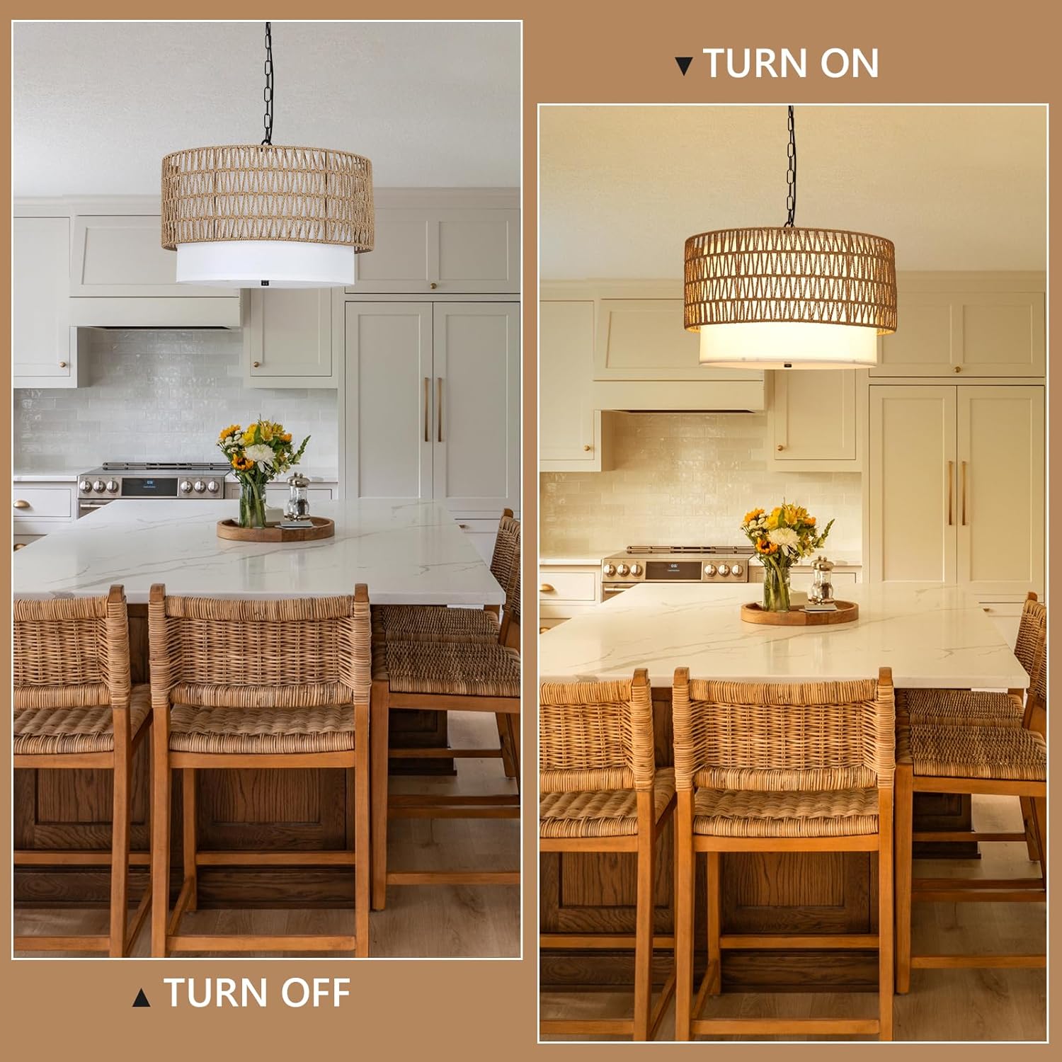 Farmhouse Chandeliers for Dining Room,5-Light Rattan Boho Chandelier Light Fixture with Fabric Shade,Hand Woven Large Rattan Dining Room Light Fixture for Kitchen Bedroom Island Hallway - Image 6