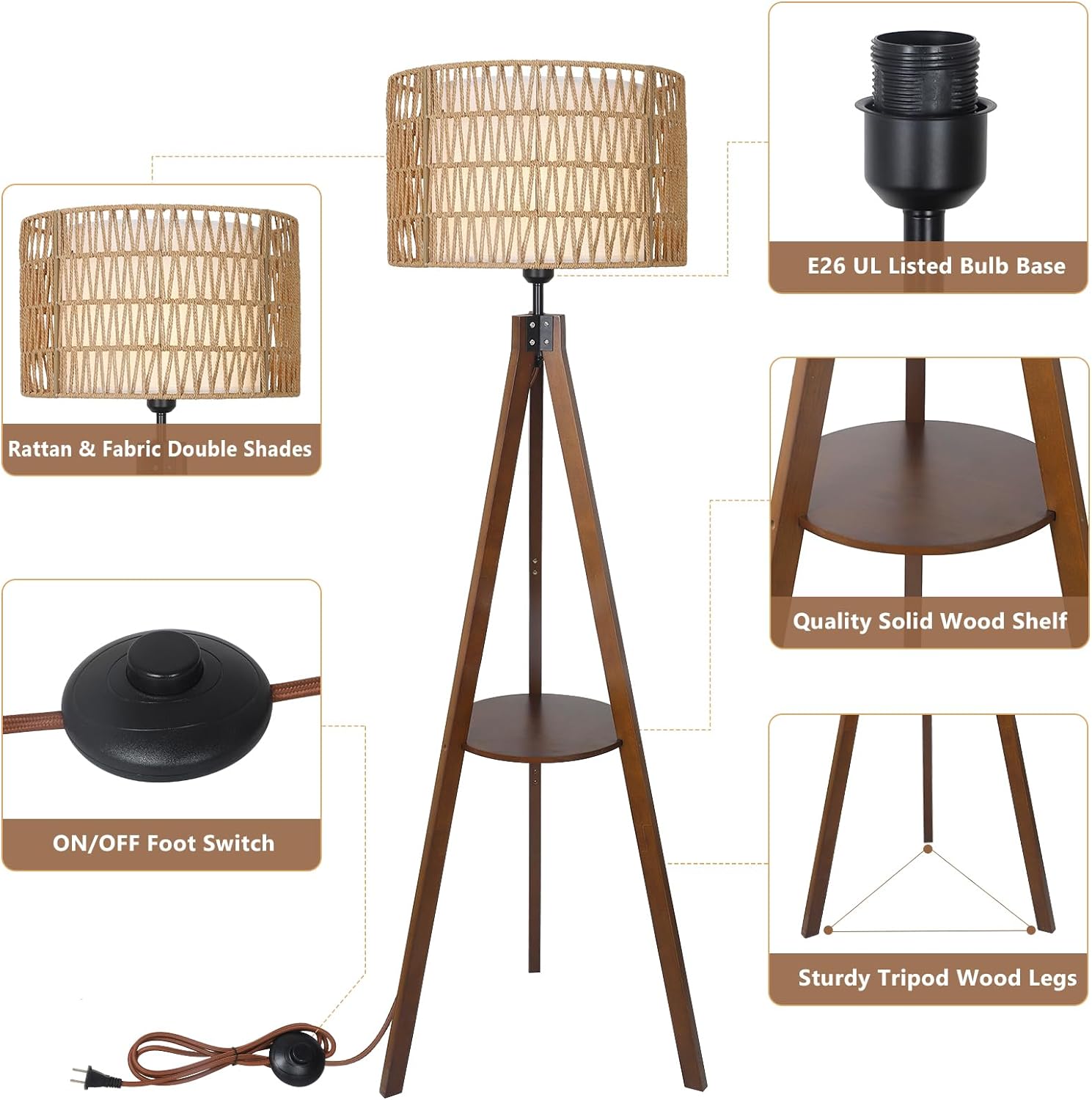 Boho Tripod Floor Lamp with Shelves, Mid Century Wood Standing Lamp with Rattan & Fabric Shades, ON/Off Foot Switch, Modern Farmhouse Tall Floor Lamps for Living Room Bedroom Office - Image 3