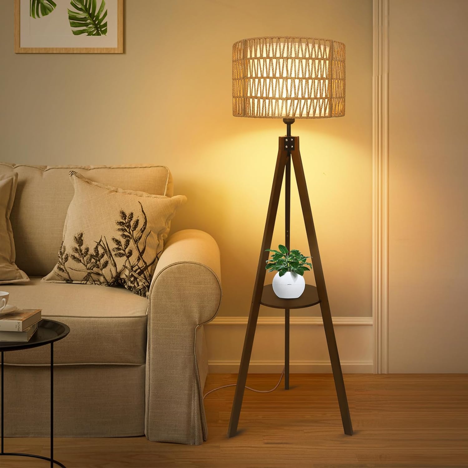 Boho Tripod Floor Lamp with Shelves, Mid Century Wood Standing Lamp with Rattan & Fabric Shades, ON/Off Foot Switch, Modern Farmhouse Tall Floor Lamps for Living Room Bedroom Office - Image 5