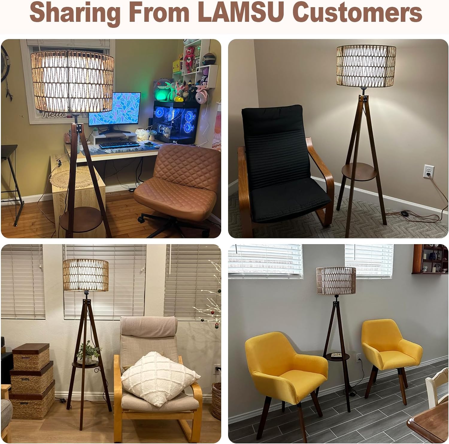 Boho Tripod Floor Lamp with Shelves, Mid Century Wood Standing Lamp with Rattan & Fabric Shades, ON/Off Foot Switch, Modern Farmhouse Tall Floor Lamps for Living Room Bedroom Office - Image 6