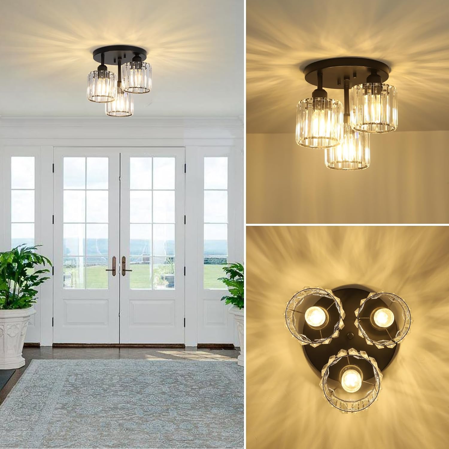 Crystal Semi Flush Mount Ceiling Light,3-Light Modern Close to Ceiling Light Fixtures,Black Kitchen Light Fixtures with Clear Crystal Shade,Hallway Light Fixtures for Hallway Bedroom Bathroom - Image 2