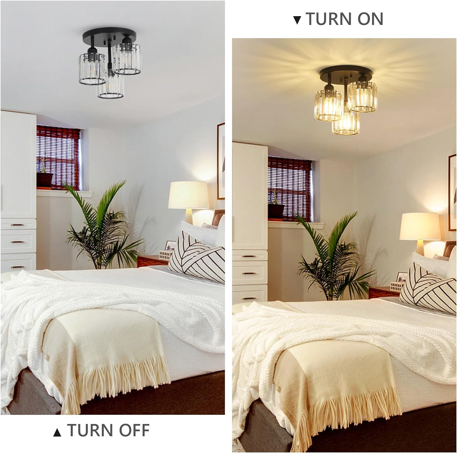 Crystal Semi Flush Mount Ceiling Light,3-Light Modern Close to Ceiling Light Fixtures,Black Kitchen Light Fixtures with Clear Crystal Shade,Hallway Light Fixtures for Hallway Bedroom Bathroom - Image 3