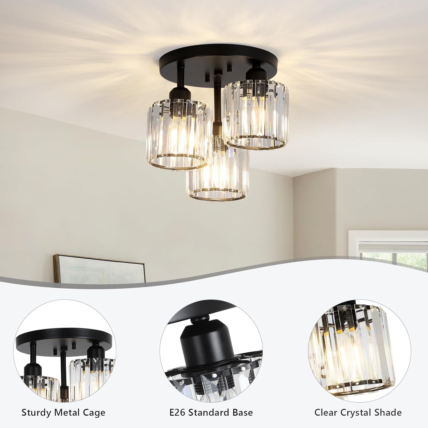 Crystal Semi Flush Mount Ceiling Light,3-Light Modern Close to Ceiling Light Fixtures,Black Kitchen Light Fixtures with Clear Crystal Shade,Hallway Light Fixtures for Hallway Bedroom Bathroom - Image 4