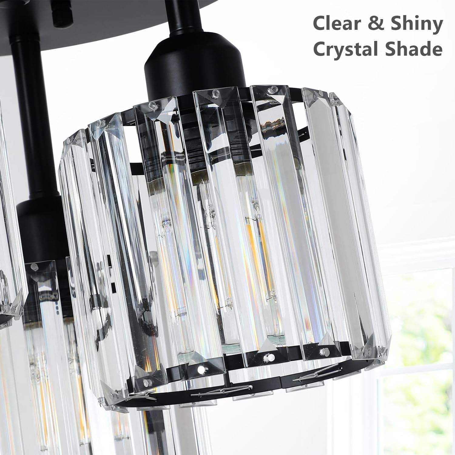 Crystal Semi Flush Mount Ceiling Light,3-Light Modern Close to Ceiling Light Fixtures,Black Kitchen Light Fixtures with Clear Crystal Shade,Hallway Light Fixtures for Hallway Bedroom Bathroom - Image 5