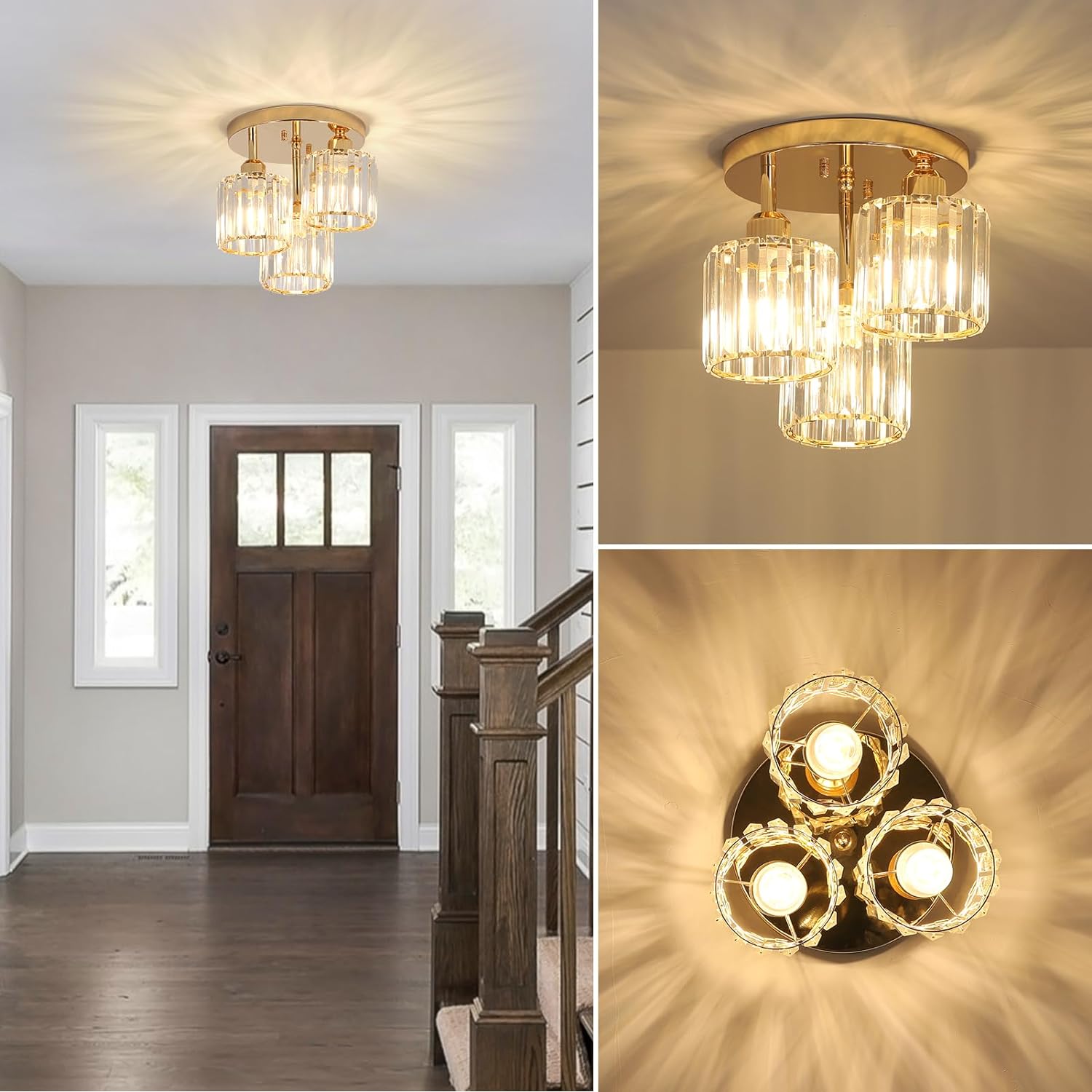 Modern Semi Flush Mount Ceiling Light,3-Light Crystal Close to Ceiling Light Fixtures,Golden Kitchen Light Fixtures with Clear Crystal Shade,Hallway Light Fixtures for Hallway Bedroom Bathroom - Image 2