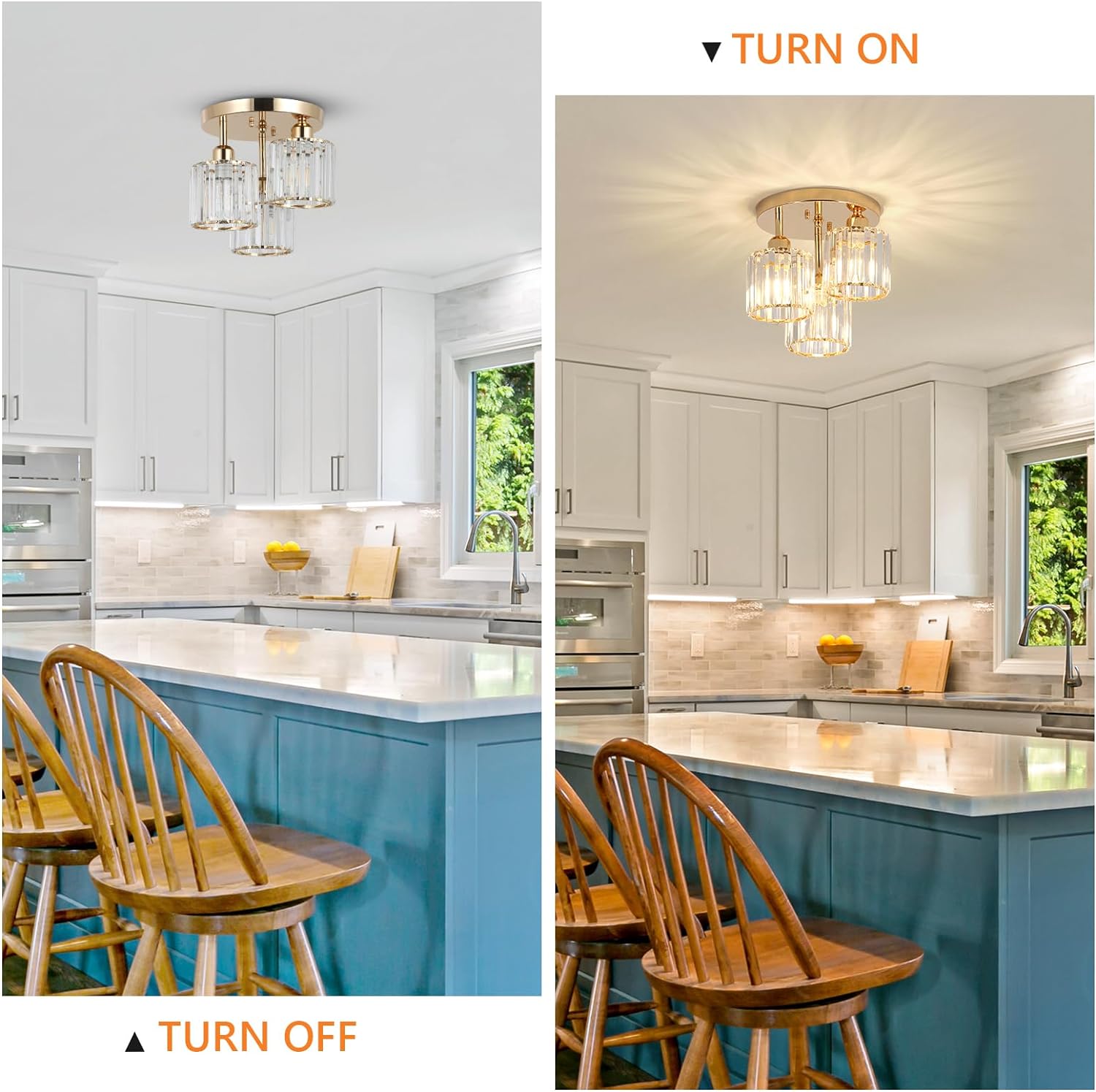 Modern Semi Flush Mount Ceiling Light,3-Light Crystal Close to Ceiling Light Fixtures,Golden Kitchen Light Fixtures with Clear Crystal Shade,Hallway Light Fixtures for Hallway Bedroom Bathroom - Image 3