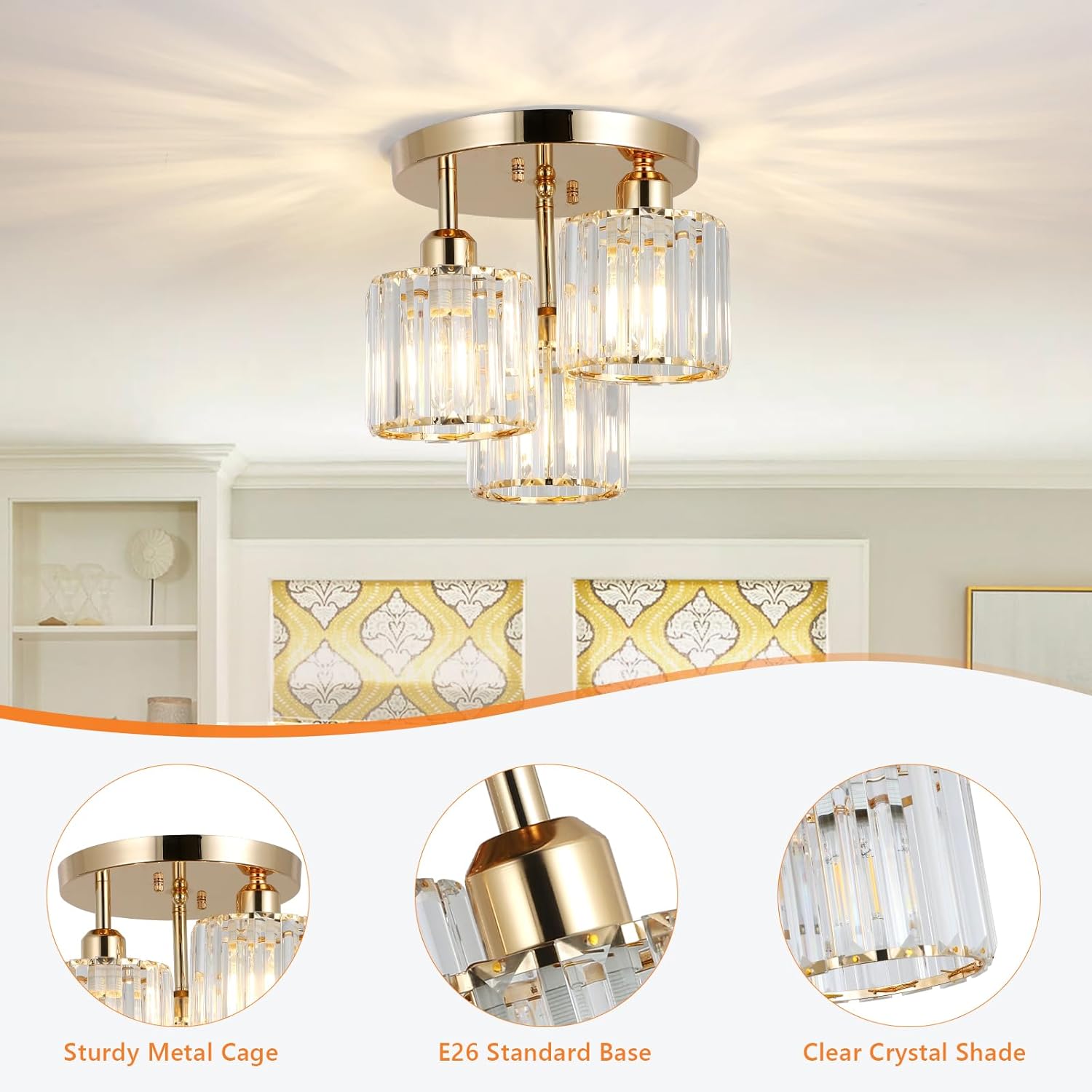 Modern Semi Flush Mount Ceiling Light,3-Light Crystal Close to Ceiling Light Fixtures,Golden Kitchen Light Fixtures with Clear Crystal Shade,Hallway Light Fixtures for Hallway Bedroom Bathroom - Image 4