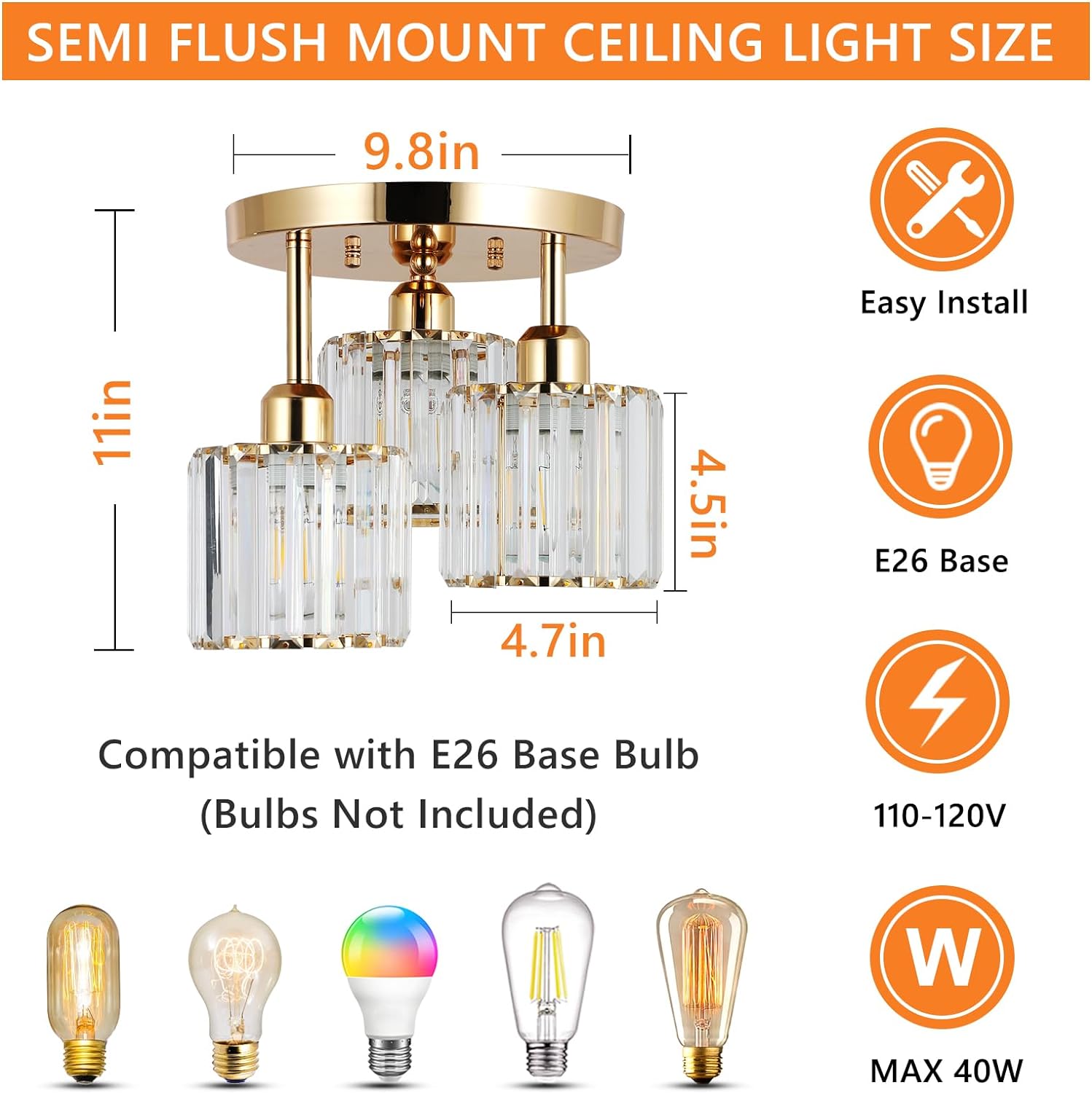 Modern Semi Flush Mount Ceiling Light,3-Light Crystal Close to Ceiling Light Fixtures,Golden Kitchen Light Fixtures with Clear Crystal Shade,Hallway Light Fixtures for Hallway Bedroom Bathroom - Image 6