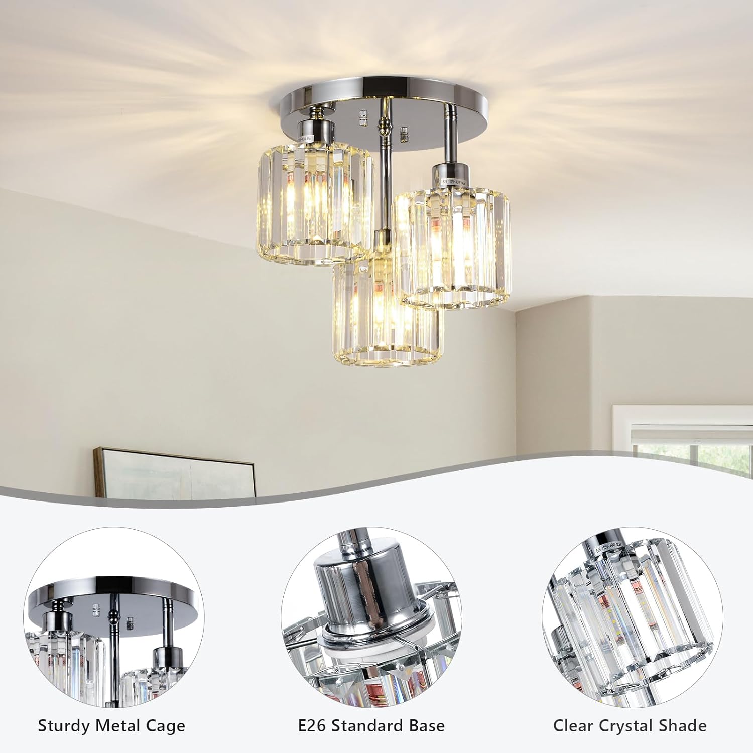 Semi Flush Mount Ceiling,3-Light Kitchen Mount,Hallway Light Fixtures Ceiling with Clear Crystal Shades for Kitchen Entryway Bedroom Bathroom Foyer - Image 2
