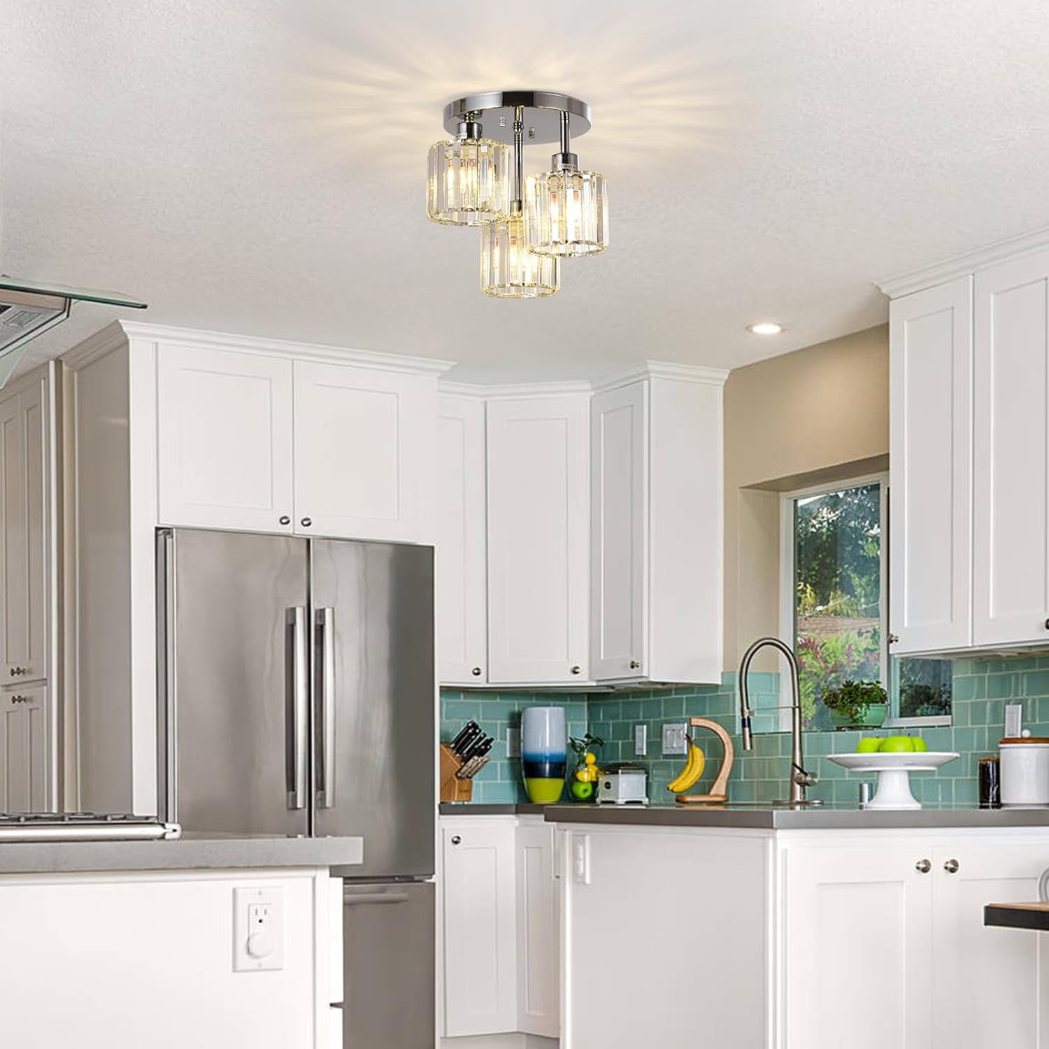 Semi Flush Mount Ceiling,3-Light Kitchen Mount,Hallway Light Fixtures Ceiling with Clear Crystal Shades for Kitchen Entryway Bedroom Bathroom Foyer - Image 3
