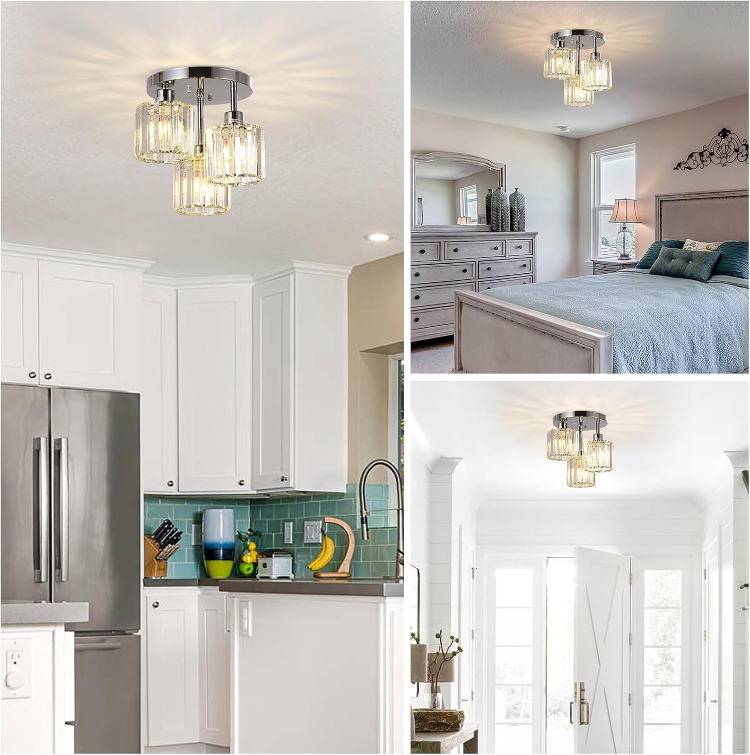 Semi Flush Mount Ceiling,3-Light Kitchen Mount,Hallway Light Fixtures Ceiling with Clear Crystal Shades for Kitchen Entryway Bedroom Bathroom Foyer - Image 4