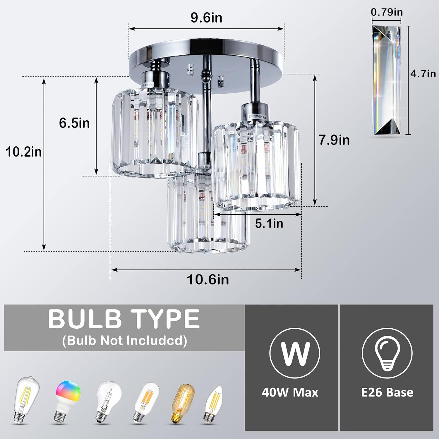 Semi Flush Mount Ceiling,3-Light Kitchen Mount,Hallway Light Fixtures Ceiling with Clear Crystal Shades for Kitchen Entryway Bedroom Bathroom Foyer - Image 6