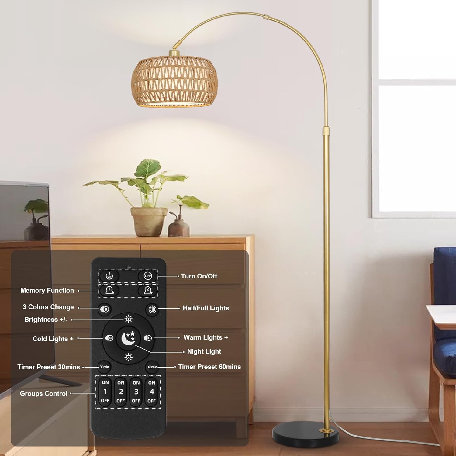 Gold Floor Lamps for Living Room, Arc Floor Lamp with Remote & Dimmable Bulb, Boho Rattan Standing lamp with 3 Color Temperatures, Height Adjustable Tall Lamp for Bedroom, Over Couch Reading Lamp - Image 3