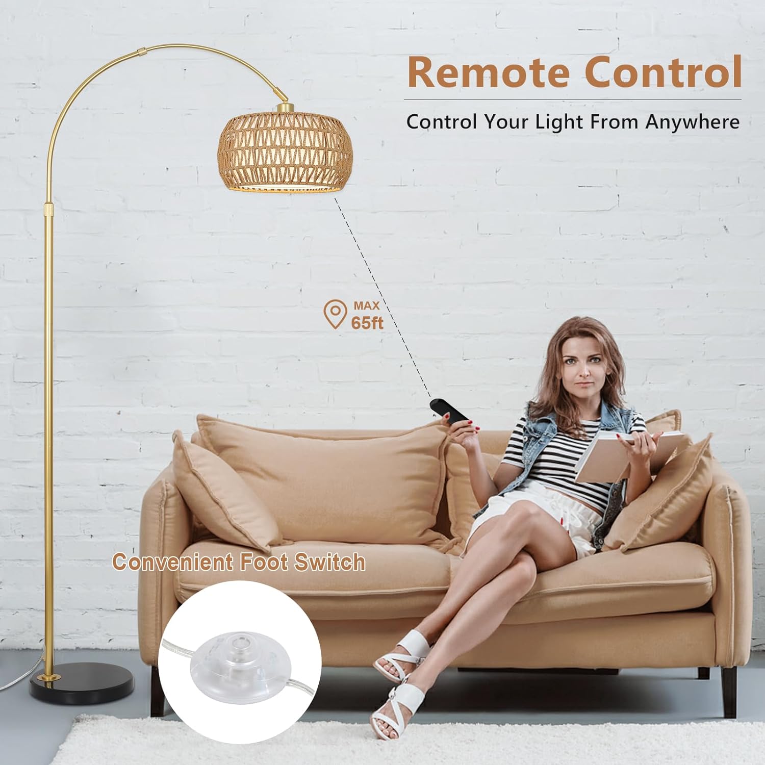 Gold Floor Lamps for Living Room, Arc Floor Lamp with Remote & Dimmable Bulb, Boho Rattan Standing lamp with 3 Color Temperatures, Height Adjustable Tall Lamp for Bedroom, Over Couch Reading Lamp - Image 2