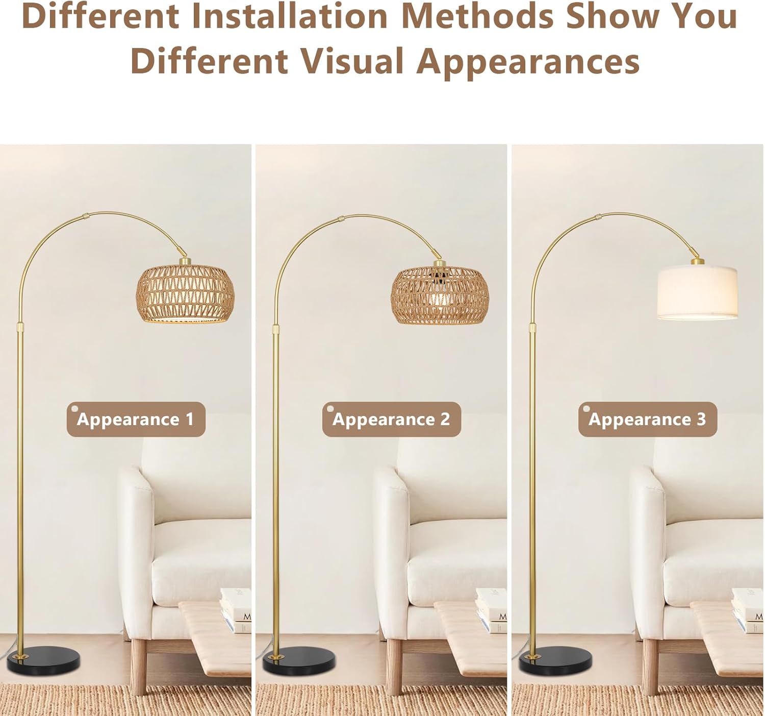 Gold Floor Lamps for Living Room, Arc Floor Lamp with Remote & Dimmable Bulb, Boho Rattan Standing lamp with 3 Color Temperatures, Height Adjustable Tall Lamp for Bedroom, Over Couch Reading Lamp - Image 4