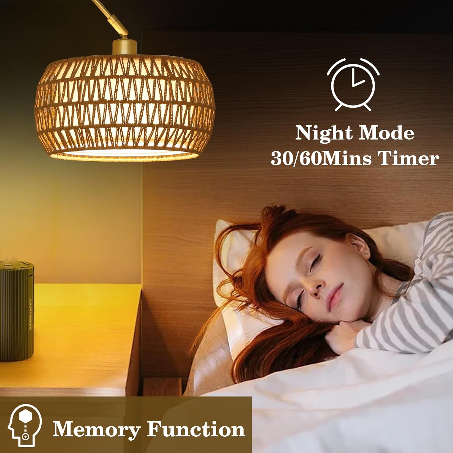 Gold Floor Lamps for Living Room, Arc Floor Lamp with Remote & Dimmable Bulb, Boho Rattan Standing lamp with 3 Color Temperatures, Height Adjustable Tall Lamp for Bedroom, Over Couch Reading Lamp - Image 5