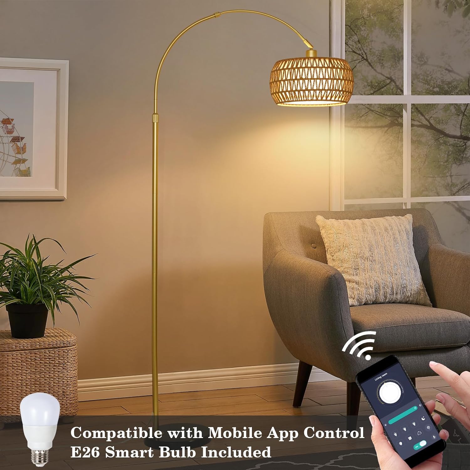 Gold Floor Lamps for Living Room, Arc Floor Lamp with Remote & Dimmable Bulb, Boho Rattan Standing lamp with 3 Color Temperatures, Height Adjustable Tall Lamp for Bedroom, Over Couch Reading Lamp - Image 6