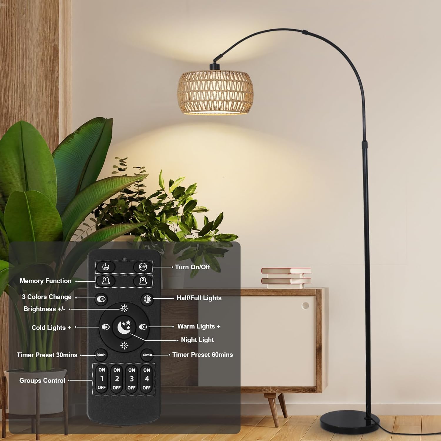 Arc Floor Lamps for Living Room with 3 Color Temperatures, Black Standing Lamp with Remote & Dimmable LED Bulb, Rattan Boho Floor Lamp, Farmhouse Tall Lamp for Bedroom, Over Couch Arched Reading Light - Image 3