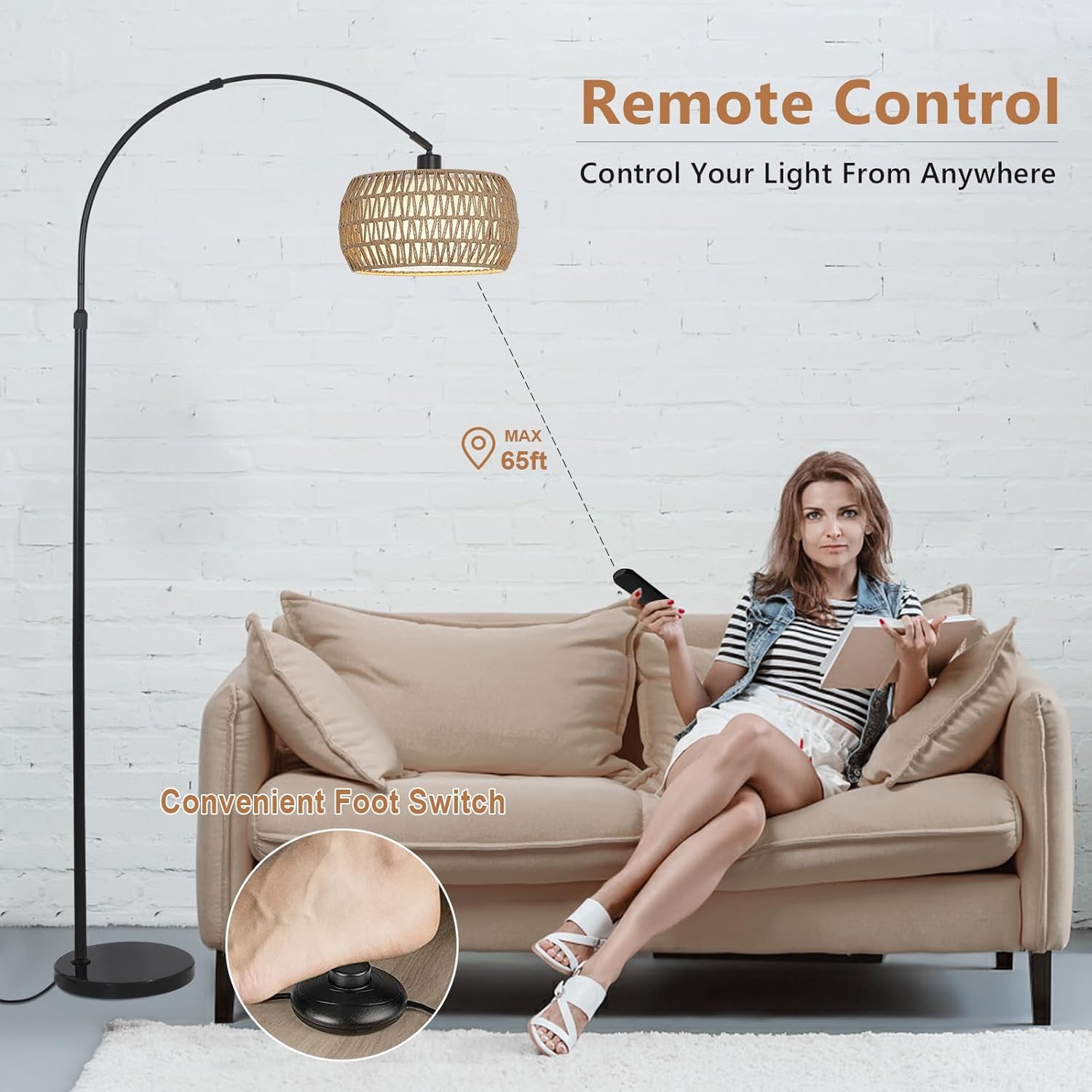 Arc Floor Lamps for Living Room with 3 Color Temperatures, Black Standing Lamp with Remote & Dimmable LED Bulb, Rattan Boho Floor Lamp, Farmhouse Tall Lamp for Bedroom, Over Couch Arched Reading Light - Image 2