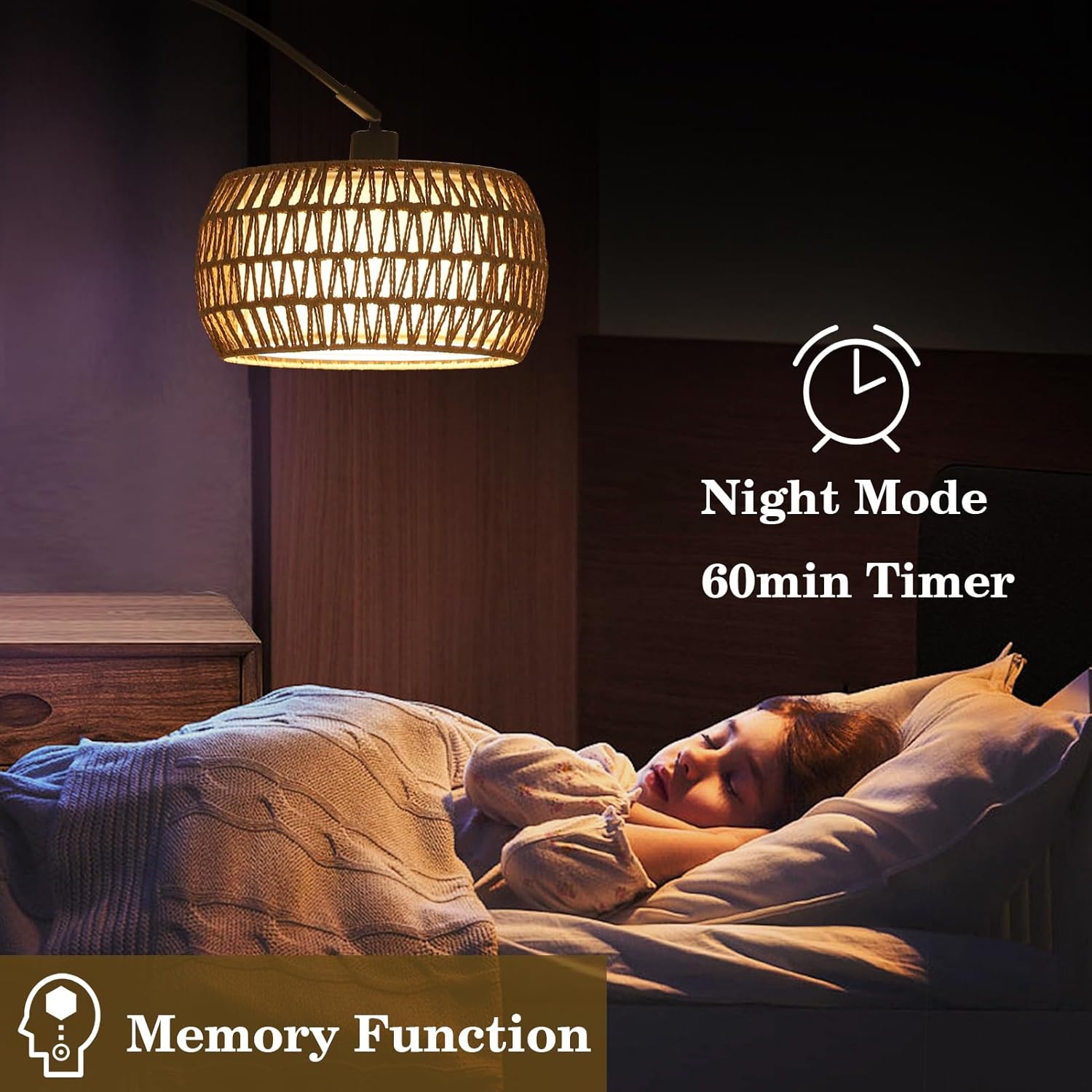 Arc Floor Lamps for Living Room with 3 Color Temperatures, Black Standing Lamp with Remote & Dimmable LED Bulb, Rattan Boho Floor Lamp, Farmhouse Tall Lamp for Bedroom, Over Couch Arched Reading Light - Image 4
