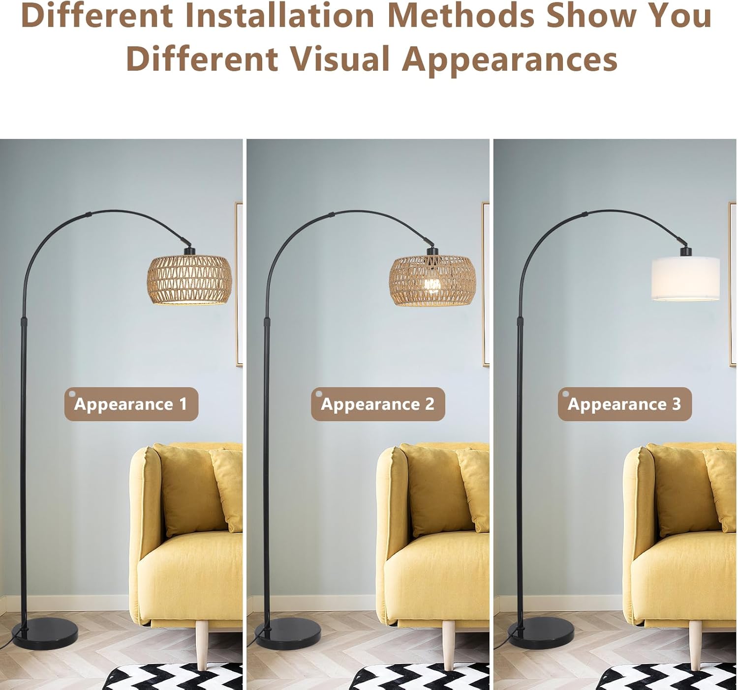 Arc Floor Lamps for Living Room with 3 Color Temperatures, Black Standing Lamp with Remote & Dimmable LED Bulb, Rattan Boho Floor Lamp, Farmhouse Tall Lamp for Bedroom, Over Couch Arched Reading Light - Image 5