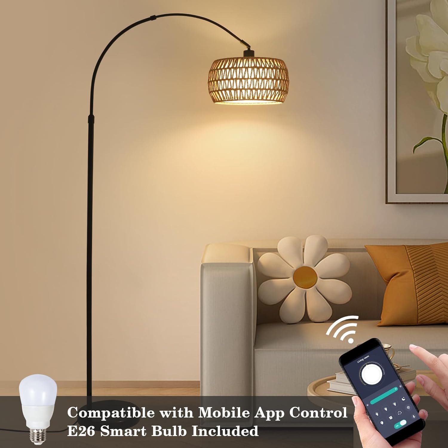 Arc Floor Lamps for Living Room with 3 Color Temperatures, Black Standing Lamp with Remote & Dimmable LED Bulb, Rattan Boho Floor Lamp, Farmhouse Tall Lamp for Bedroom, Over Couch Arched Reading Light - Image 6
