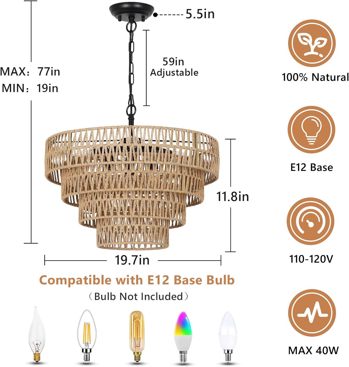 Boho Rattan Chandelier, 6-Light Dining Room Light Fixture, Wicker Pendant Lighting with 4-Tier Woven Lampshade, Large Farmhouse Chandeliers for Dining Room Bedroom Kitchen Living Room(20") - Image 2