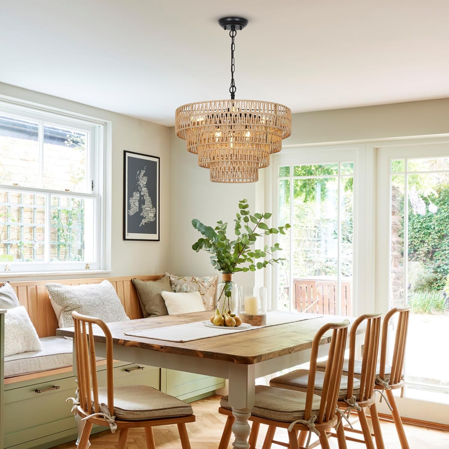 Boho Rattan Chandelier, 6-Light Dining Room Light Fixture, Wicker Pendant Lighting with 4-Tier Woven Lampshade, Large Farmhouse Chandeliers for Dining Room Bedroom Kitchen Living Room(20") - Image 3