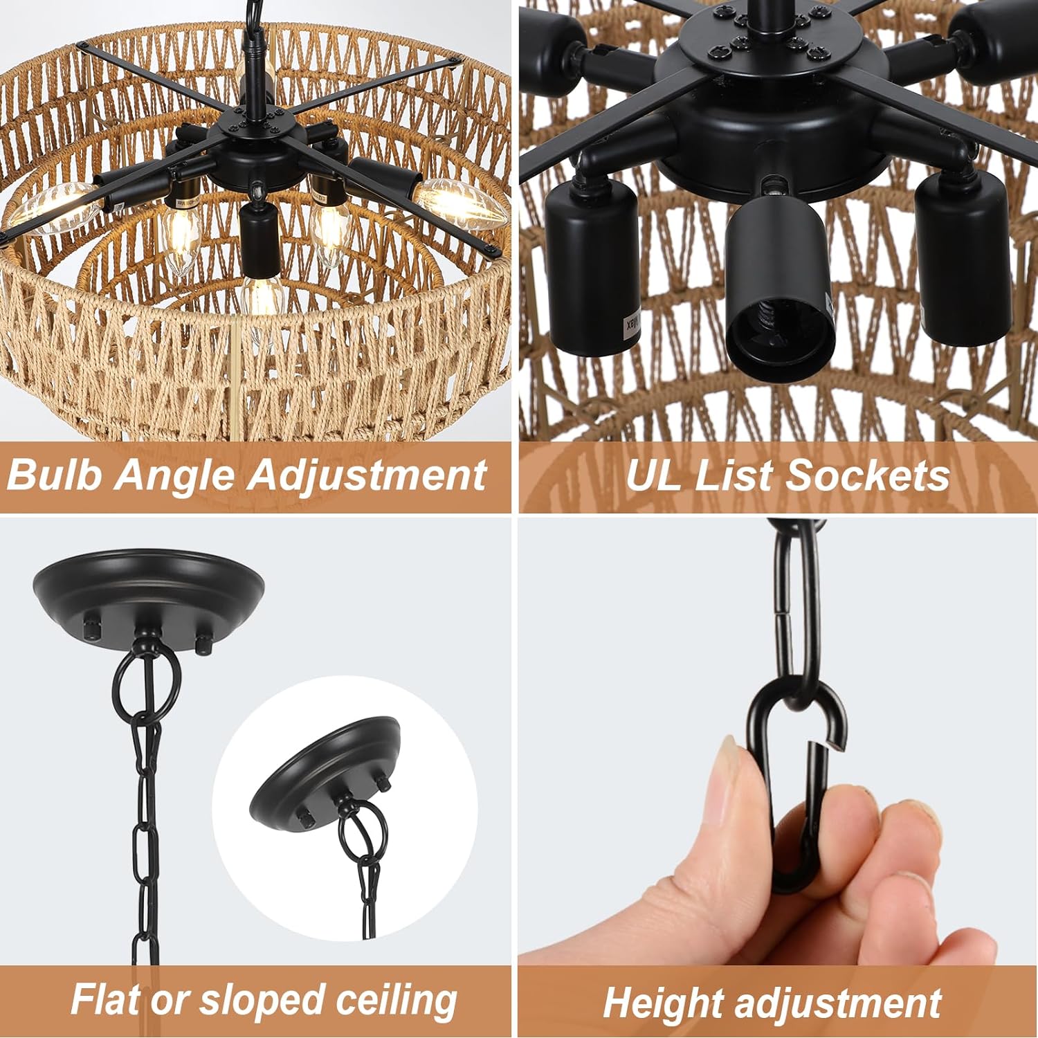 Boho Rattan Chandelier, 6-Light Dining Room Light Fixture, Wicker Pendant Lighting with 4-Tier Woven Lampshade, Large Farmhouse Chandeliers for Dining Room Bedroom Kitchen Living Room(20") - Image 4