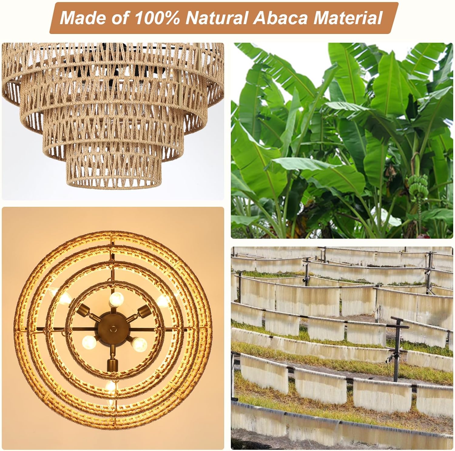 Boho Rattan Chandelier, 6-Light Dining Room Light Fixture, Wicker Pendant Lighting with 4-Tier Woven Lampshade, Large Farmhouse Chandeliers for Dining Room Bedroom Kitchen Living Room(20") - Image 5