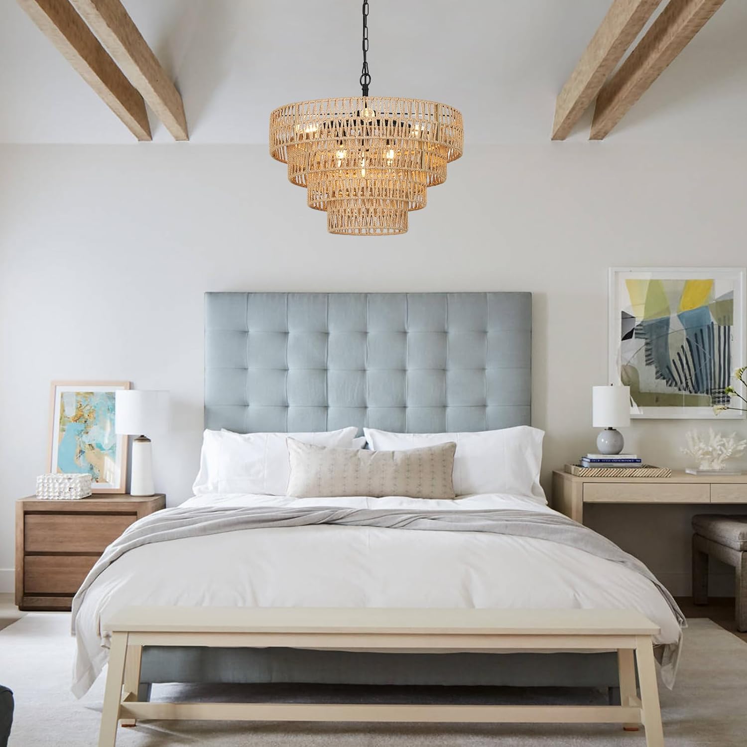 Boho Rattan Chandelier, 6-Light Dining Room Light Fixture, Wicker Pendant Lighting with 4-Tier Woven Lampshade, Large Farmhouse Chandeliers for Dining Room Bedroom Kitchen Living Room(20") - Image 6