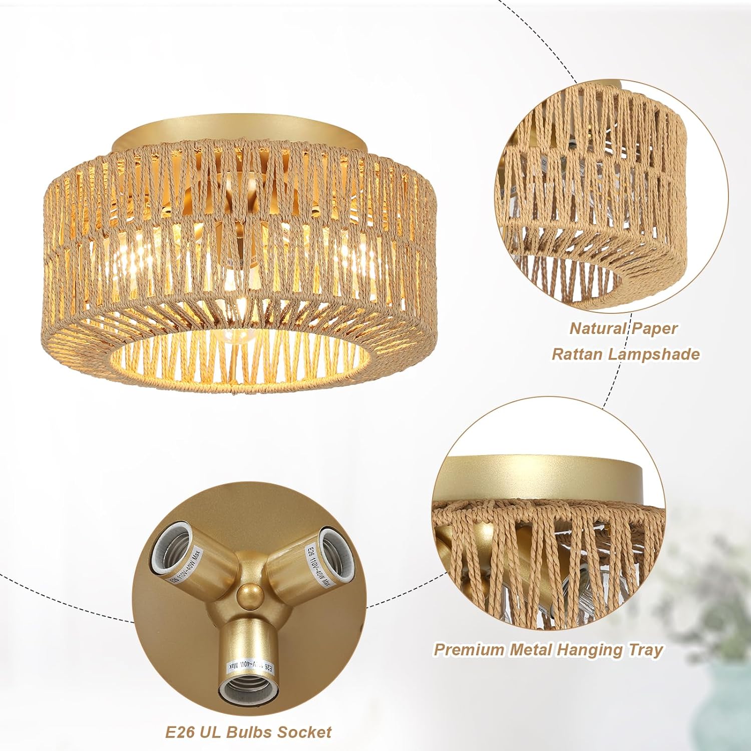 Boho Light Fixtures Ceiling Mount, 3-Light Farmhouse Rattan Ceiling Light Fixture, Flush Mount Ceiling Light with Hand-Woven Shade, Modern Chandelier for Living Bedroom Entryway Kitchen Nursery - Image 2