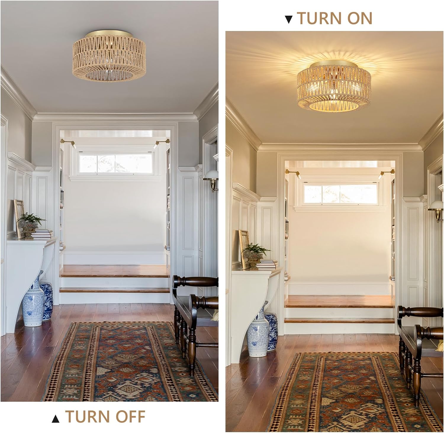 Boho Light Fixtures Ceiling Mount, 3-Light Farmhouse Rattan Ceiling Light Fixture, Flush Mount Ceiling Light with Hand-Woven Shade, Modern Chandelier for Living Bedroom Entryway Kitchen Nursery - Image 3
