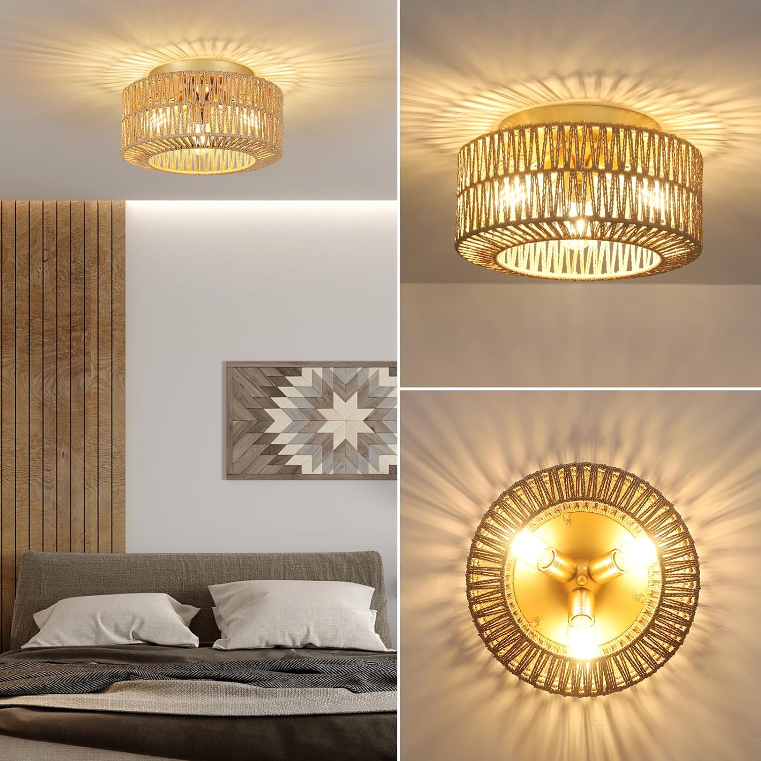 Boho Light Fixtures Ceiling Mount, 3-Light Farmhouse Rattan Ceiling Light Fixture, Flush Mount Ceiling Light with Hand-Woven Shade, Modern Chandelier for Living Bedroom Entryway Kitchen Nursery - Image 4