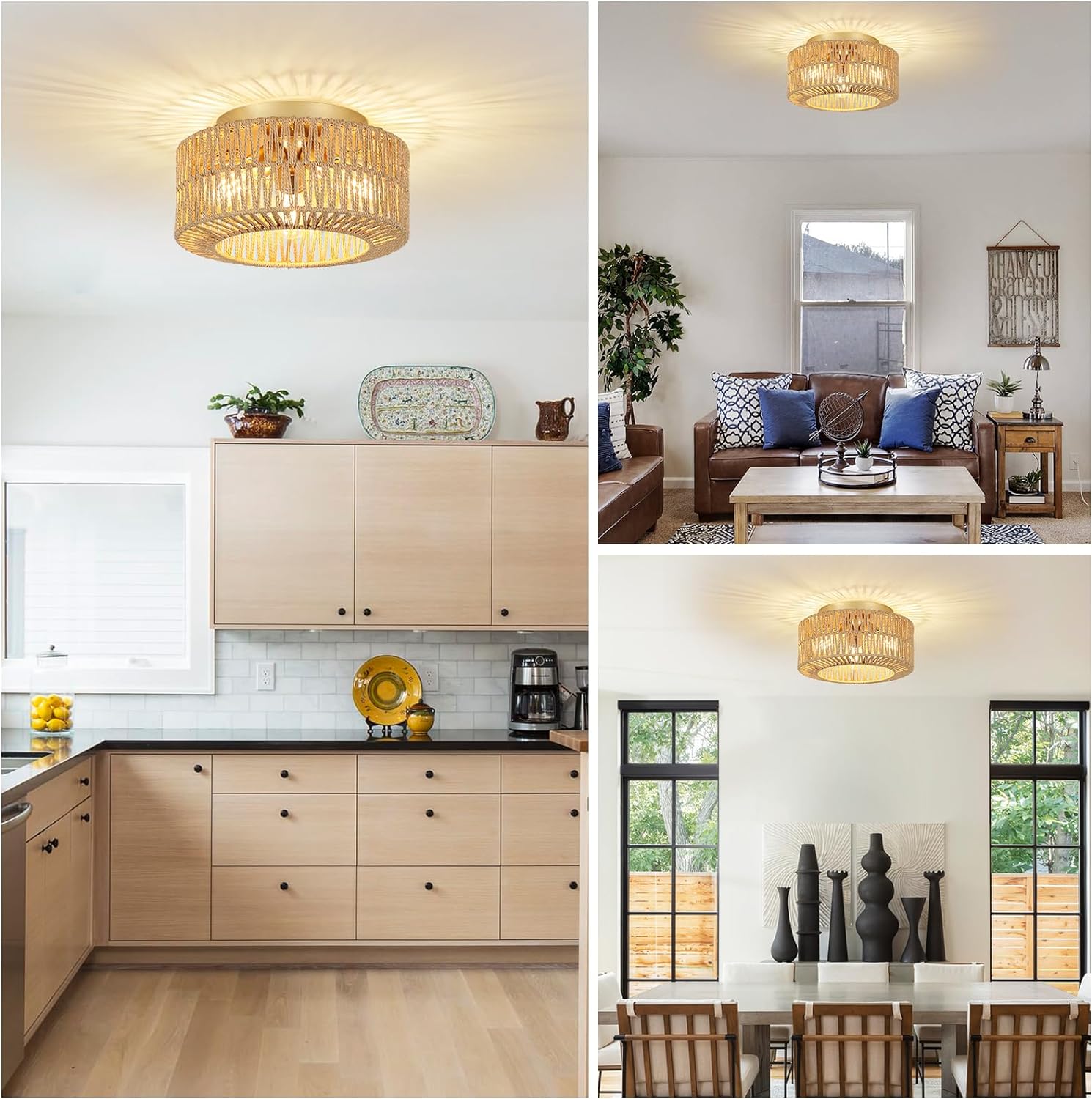 Boho Light Fixtures Ceiling Mount, 3-Light Farmhouse Rattan Ceiling Light Fixture, Flush Mount Ceiling Light with Hand-Woven Shade, Modern Chandelier for Living Bedroom Entryway Kitchen Nursery - Image 6